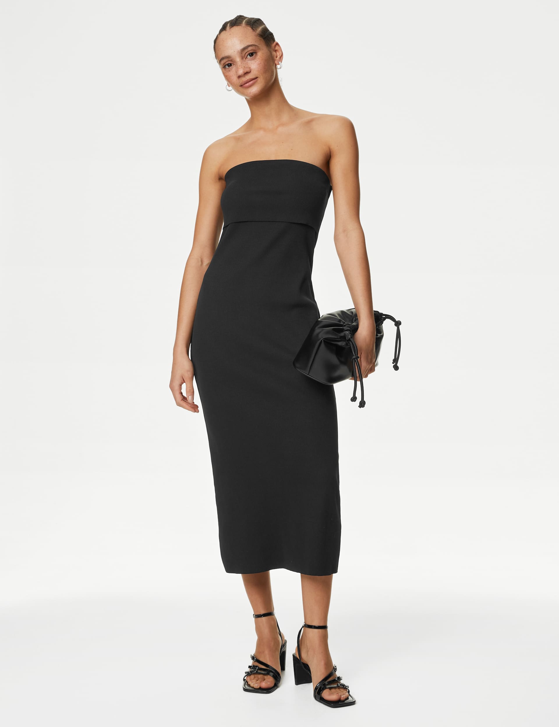 M&S Women's Cotton Rich Ribbed Bandeau Midi Dress - 10REG - Black, Bitter Chocolate,Buff,Black