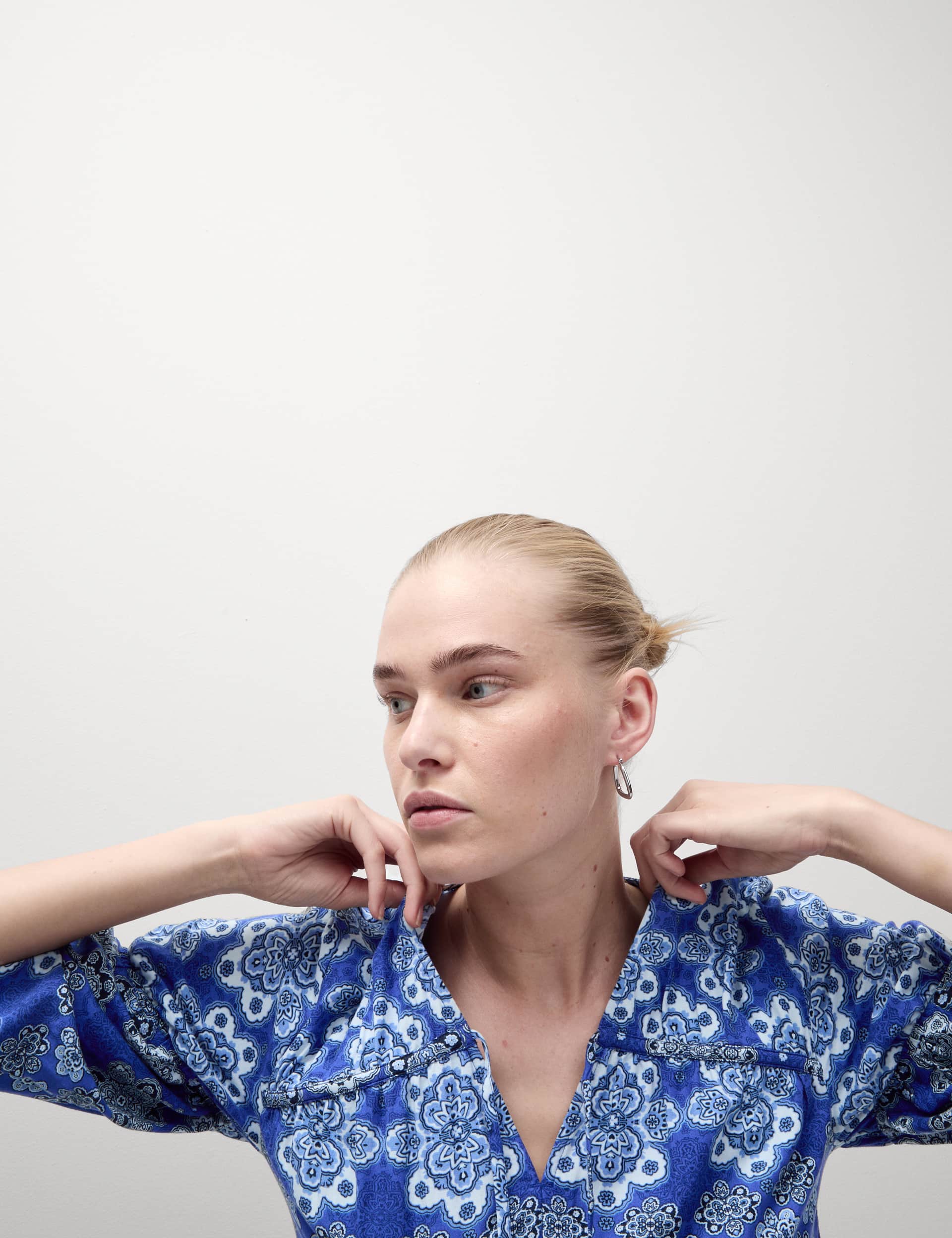 M&S Women's Cotton Rich Print Midi Waisted Dress