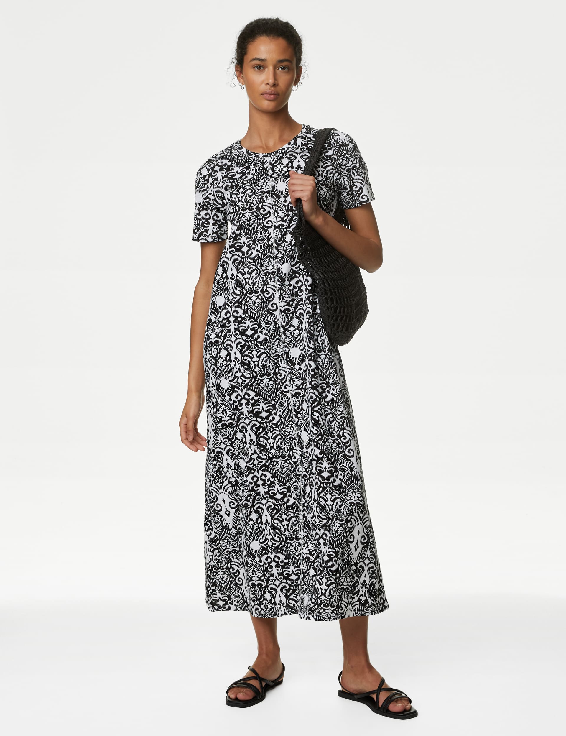 M&S Women's Pure Cotton Printed Midi T-Shirt Dress - 10REG - Black Mix, Neutral,Black Mix