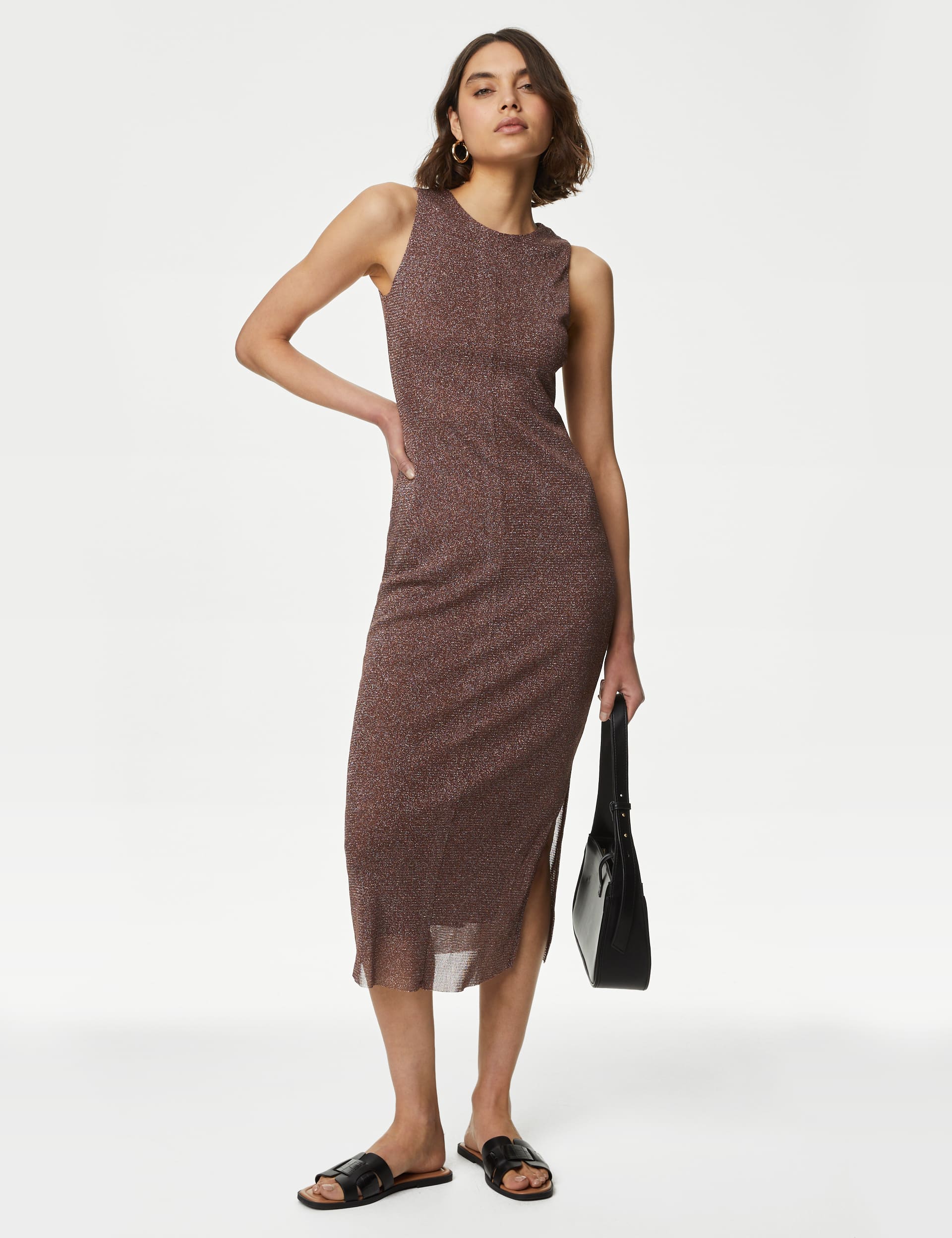 M&S Women's Mesh Sparkly Round Neck Midi Bodycon Dress - 14REG - Conker, Conker