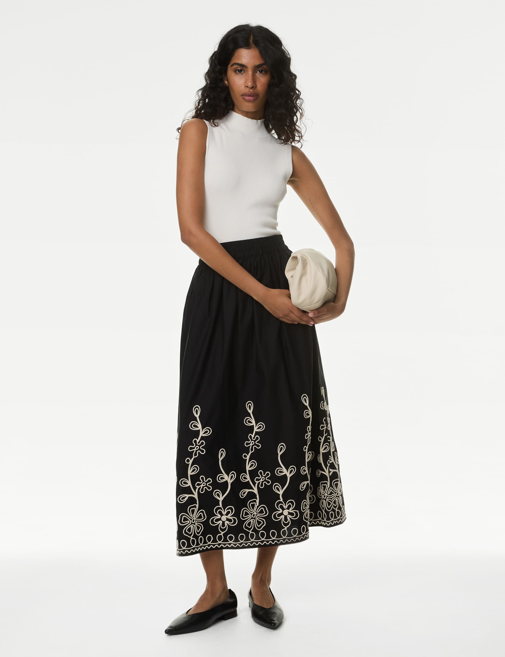 M&S Women's Pure Cotton Embroidered Midi Circle Skirt - 14REG - Black, Black