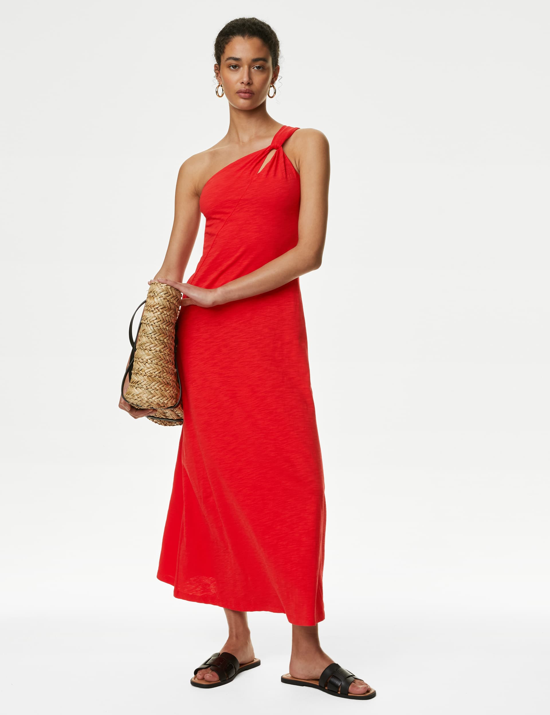 M&S Women's Pure Cotton One Shoulder Midi Relaxed Dress - 12REG - Poppy, Winter Lime,Poppy