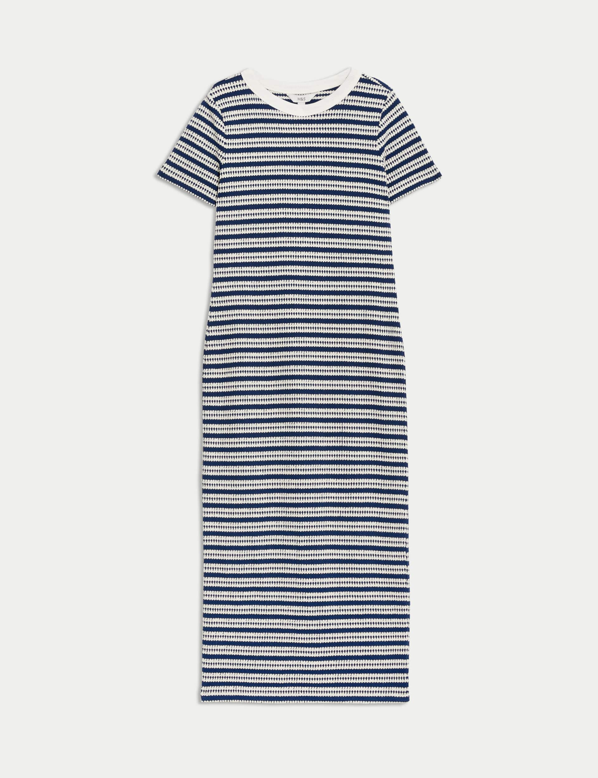 M&S Women's Cotton Blend Striped Midi Column Dress - 12REG - Navy Mix, Navy Mix