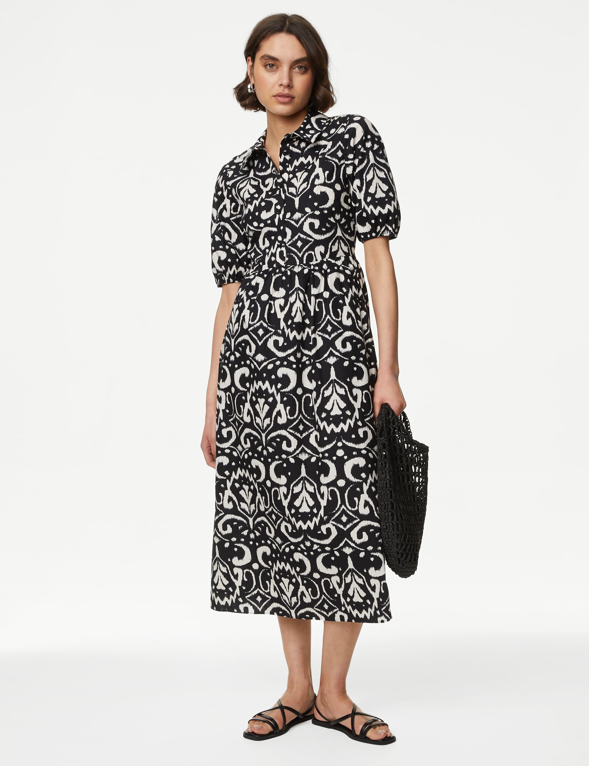 M&S Women's Pure Cotton Printed Midi Shirt Dress - 10REG - Black Mix, Black Mix