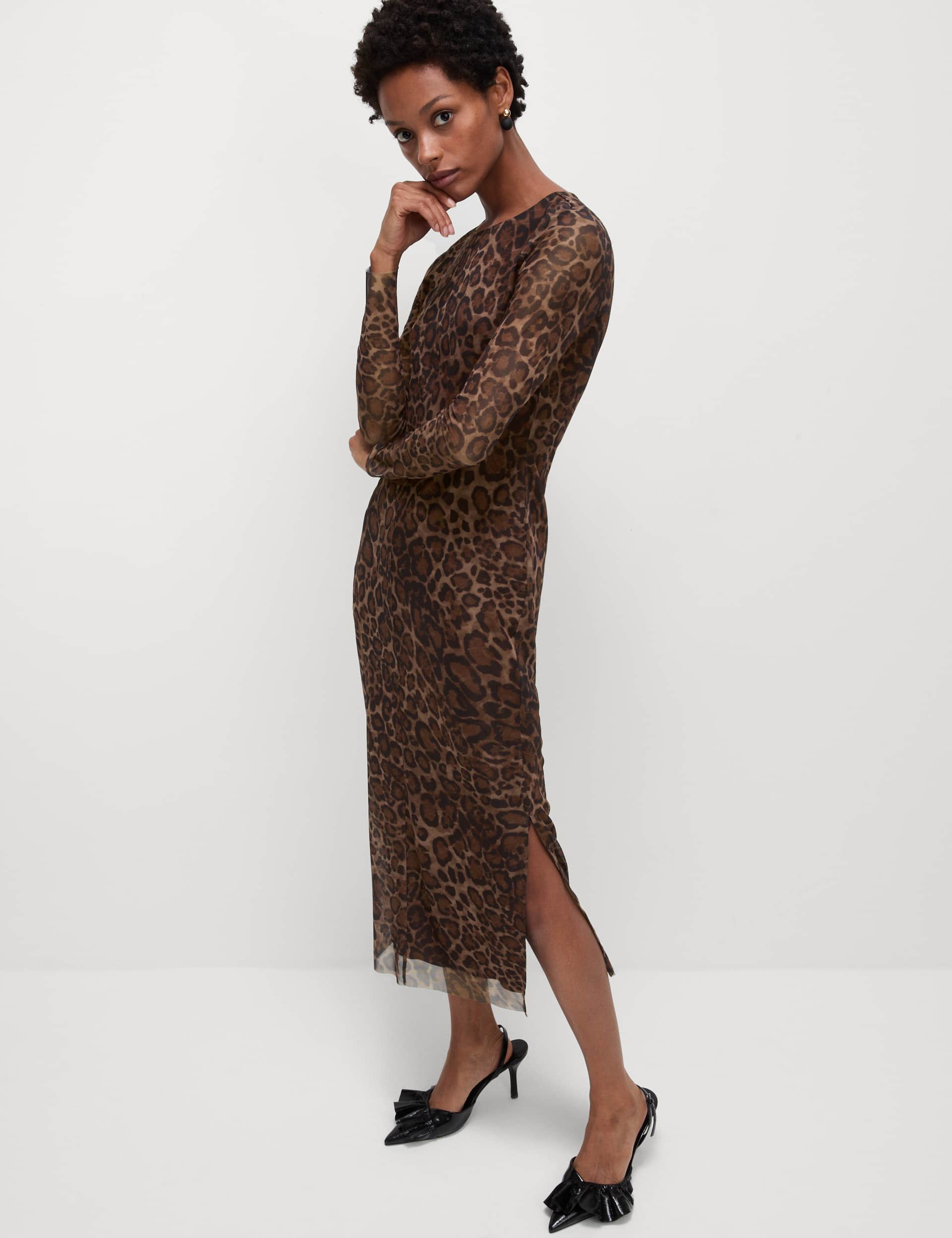 M&S Women's Mesh Jersey Animal Print Midi Column Dress - 12REG - Natural Mix, Natural Mix