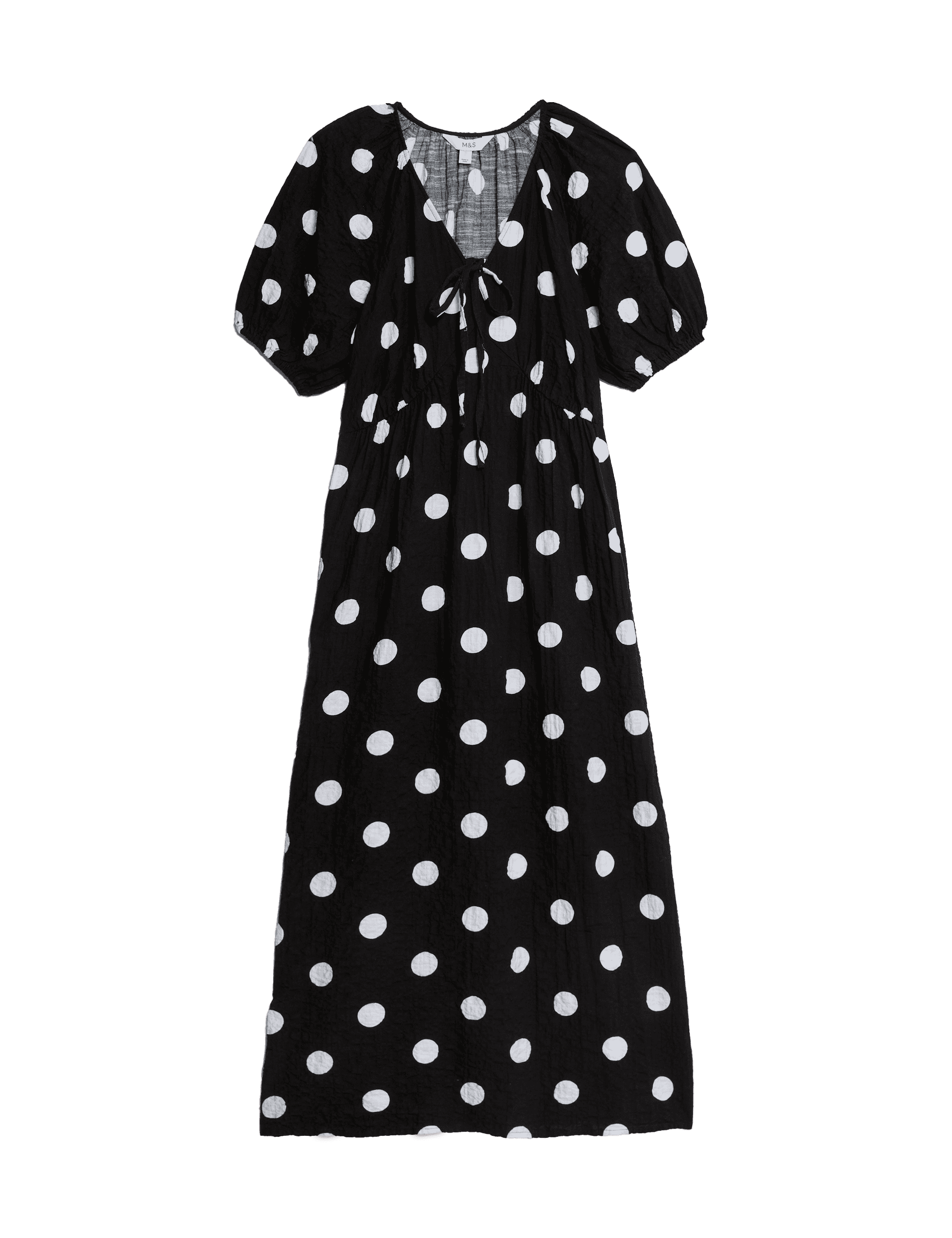 M&S Collection Women's Cotton Rich Polka Dot Midi Waisted Dress - 12REG - Black Mix, Black Mix