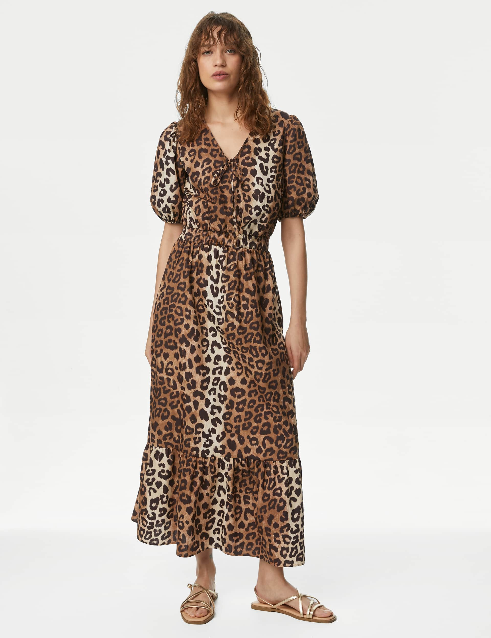 M&S Women's Pure Cotton Animal Print Midaxi Waisted Dress - 12REG - Natural Mix, Natural Mix