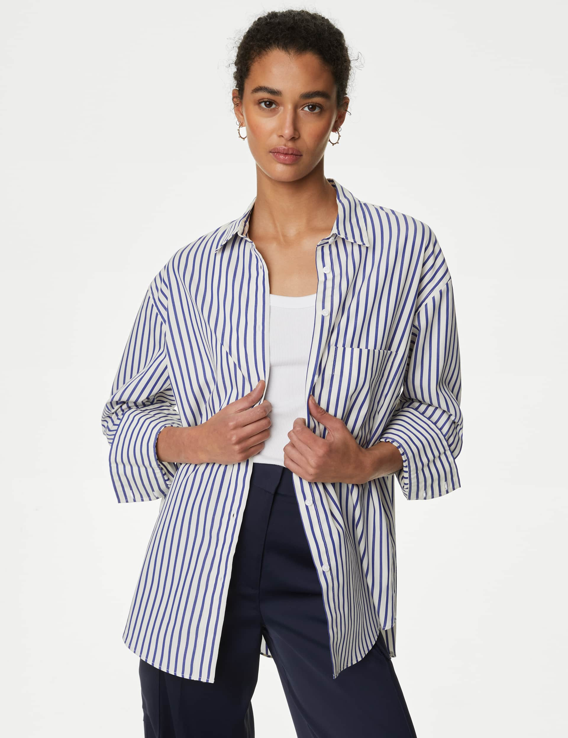 M&S Women's Pure Cotton Striped Collared Shirt - 12REG - Blue Mix, Blue Mix