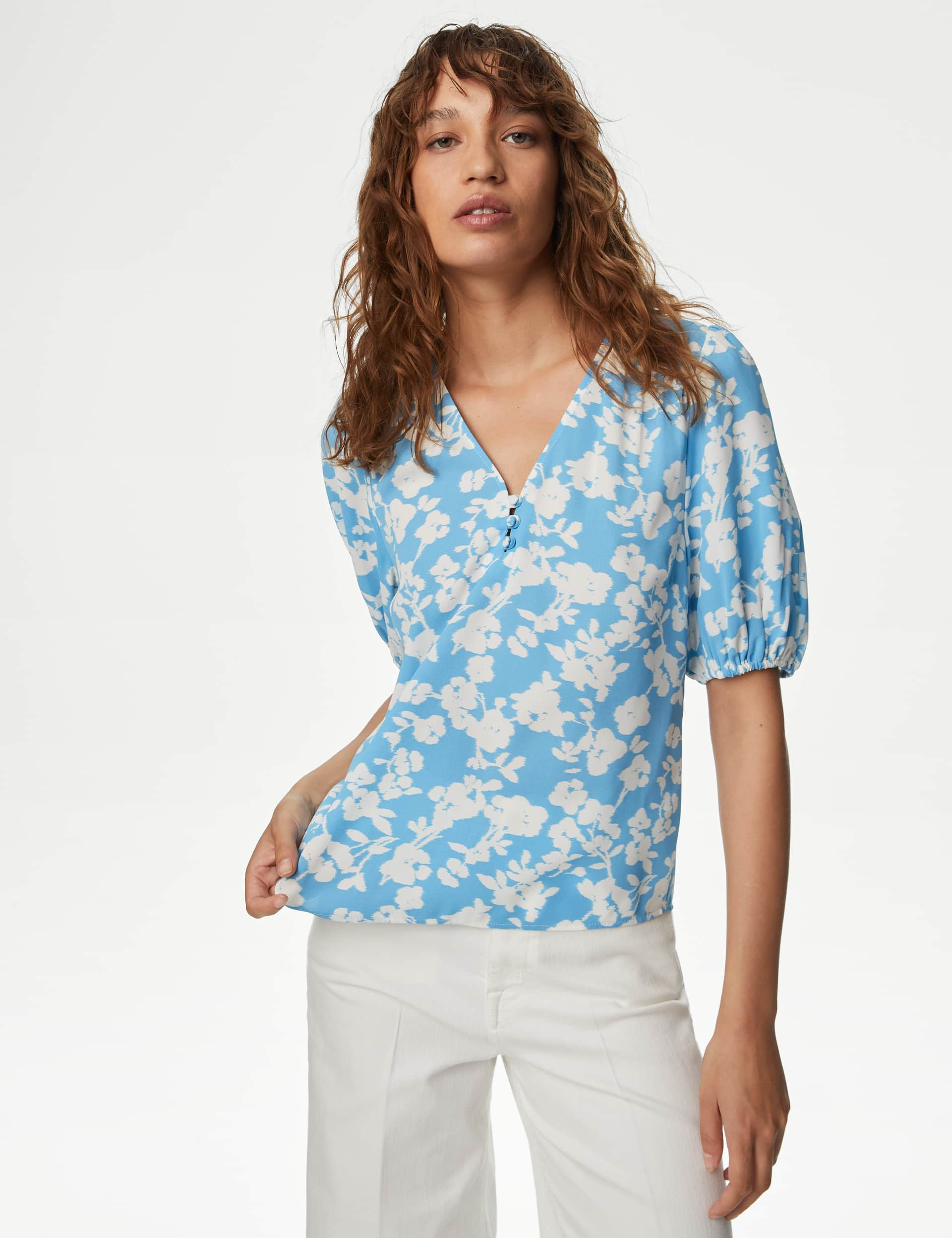 M&S Women's Floral V-Neck Blouse - 10REG - Blue Mix, Blue Mix