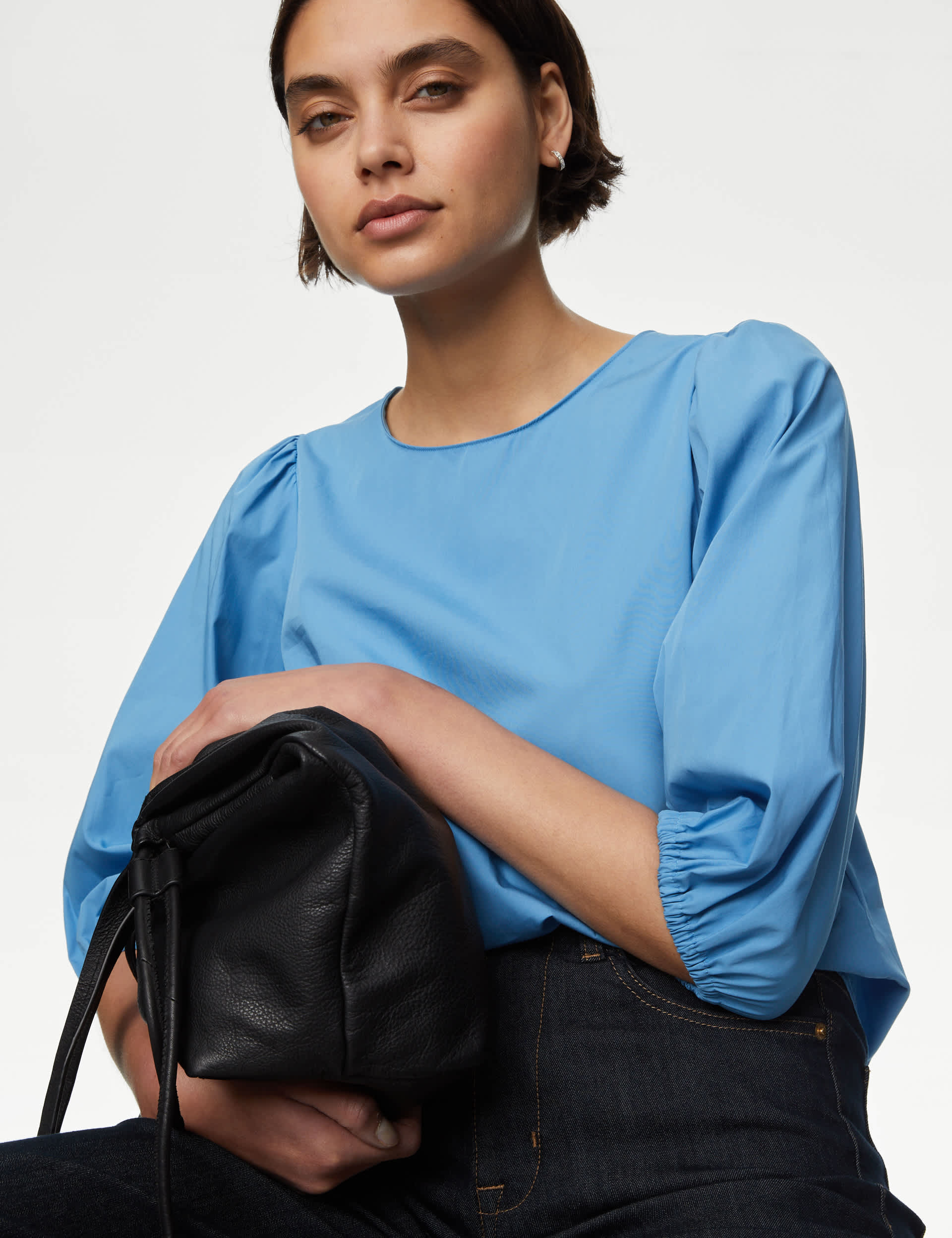 M&S Women's Pure Cotton Puff Sleeve Popover Blouse