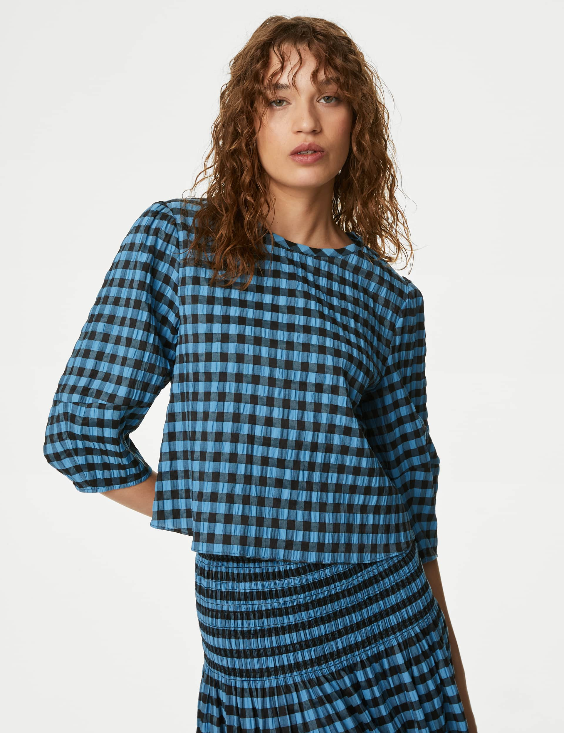 M&S Women's Cotton Blend Checked Blouse - 16REG - Blue Mix, Blue Mix