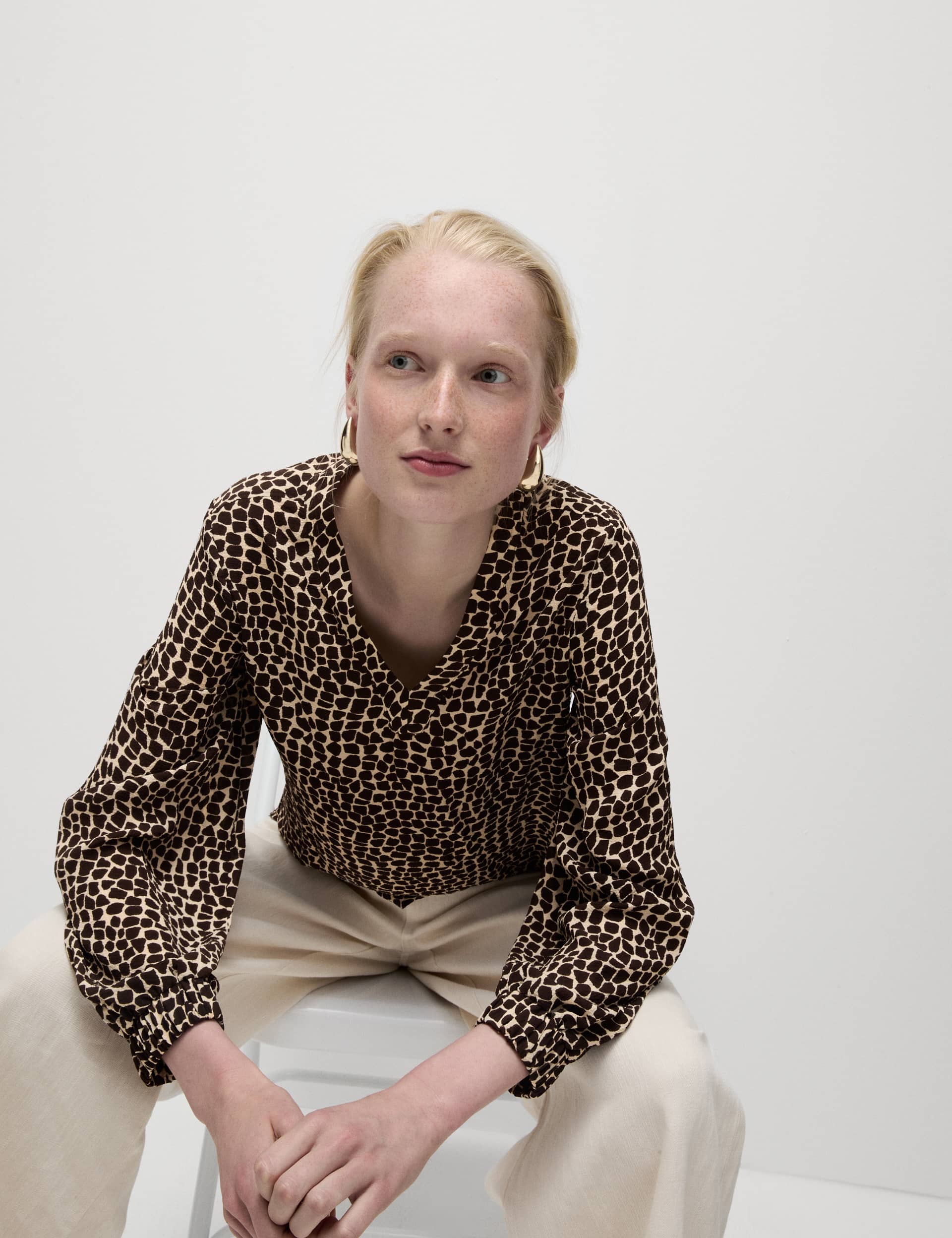M&S Women's Animal Print V-Neck Popover Blouse