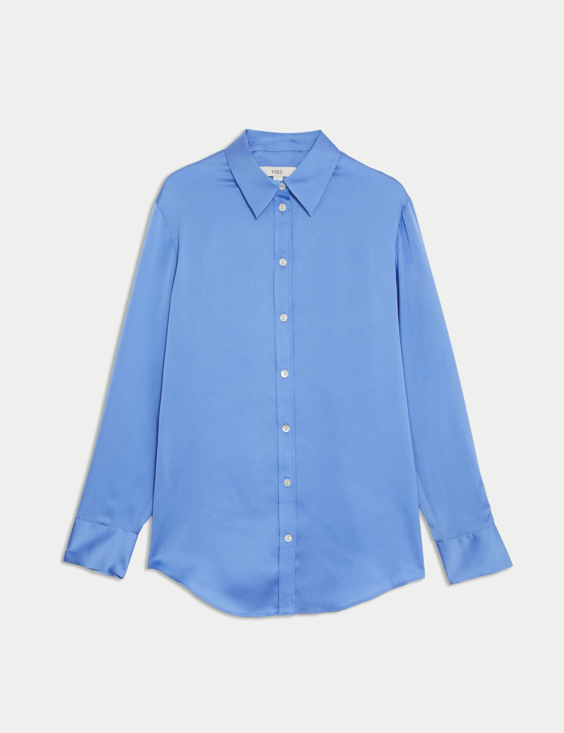 M&S Women's Satin Collared Button Through Shirt - 14REG - Blue, Blue