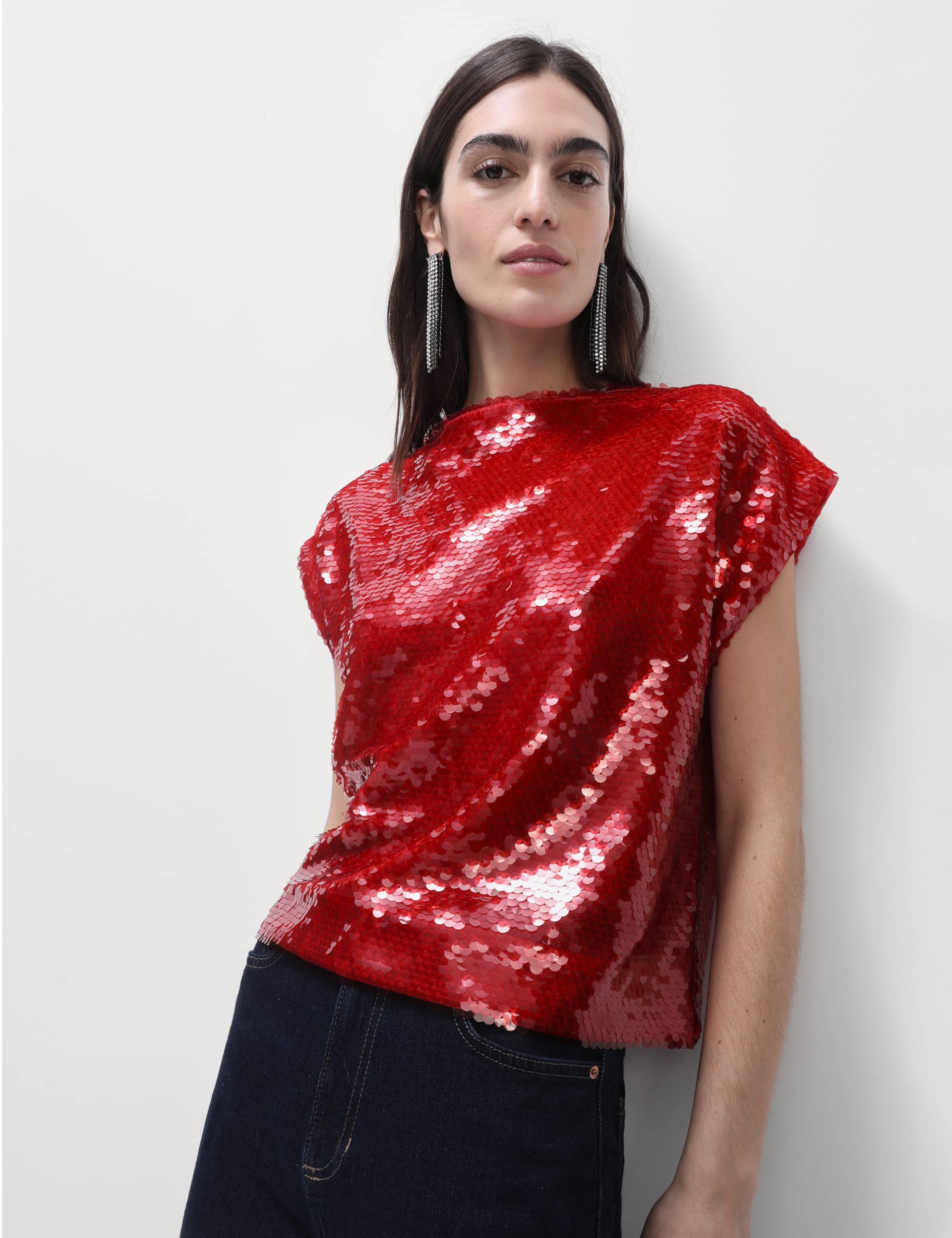 M&S Women's Sequin Top - 12REG - Red, Red