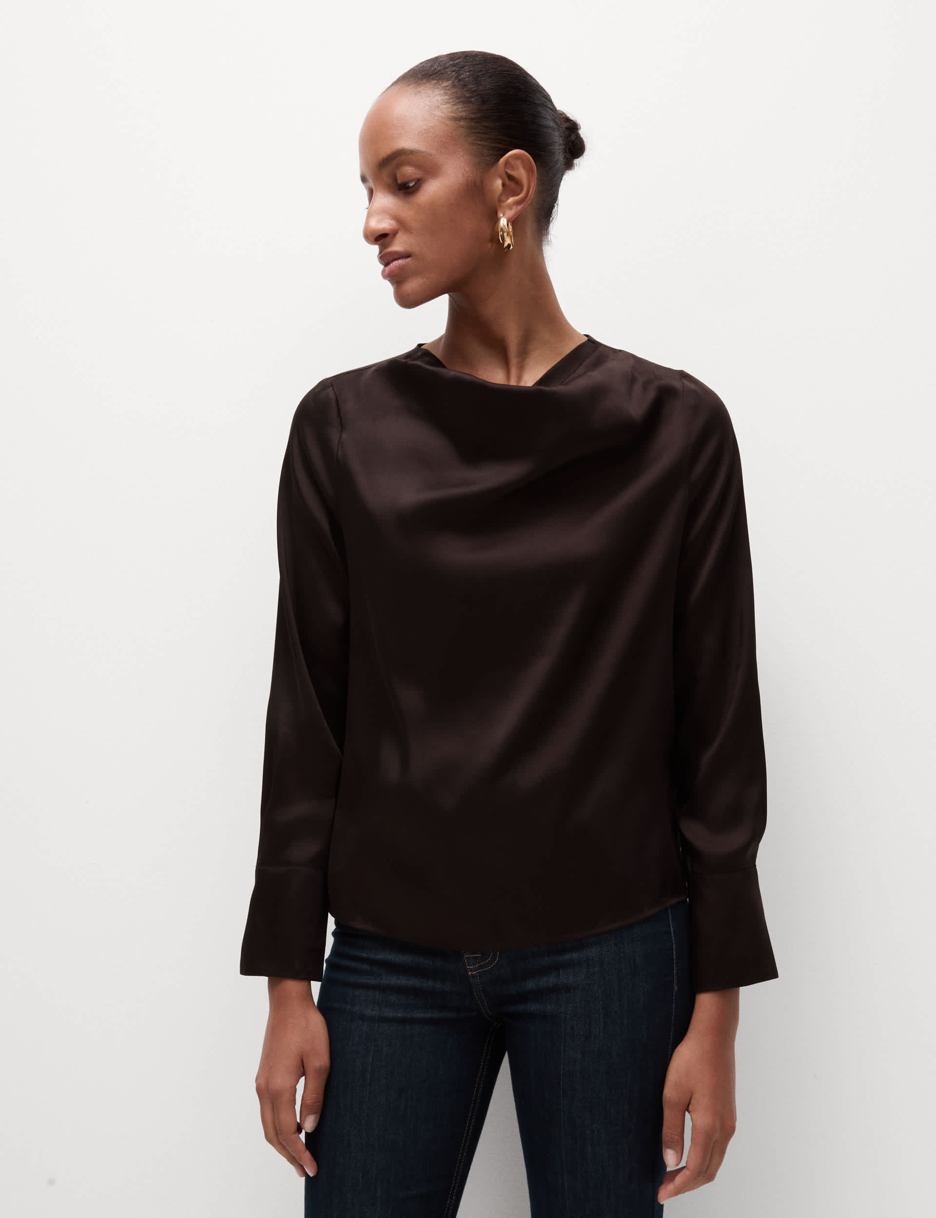 M&S Women's Cowl Neck Blouse - 14REG - Dark Chocolate, Dark Chocolate