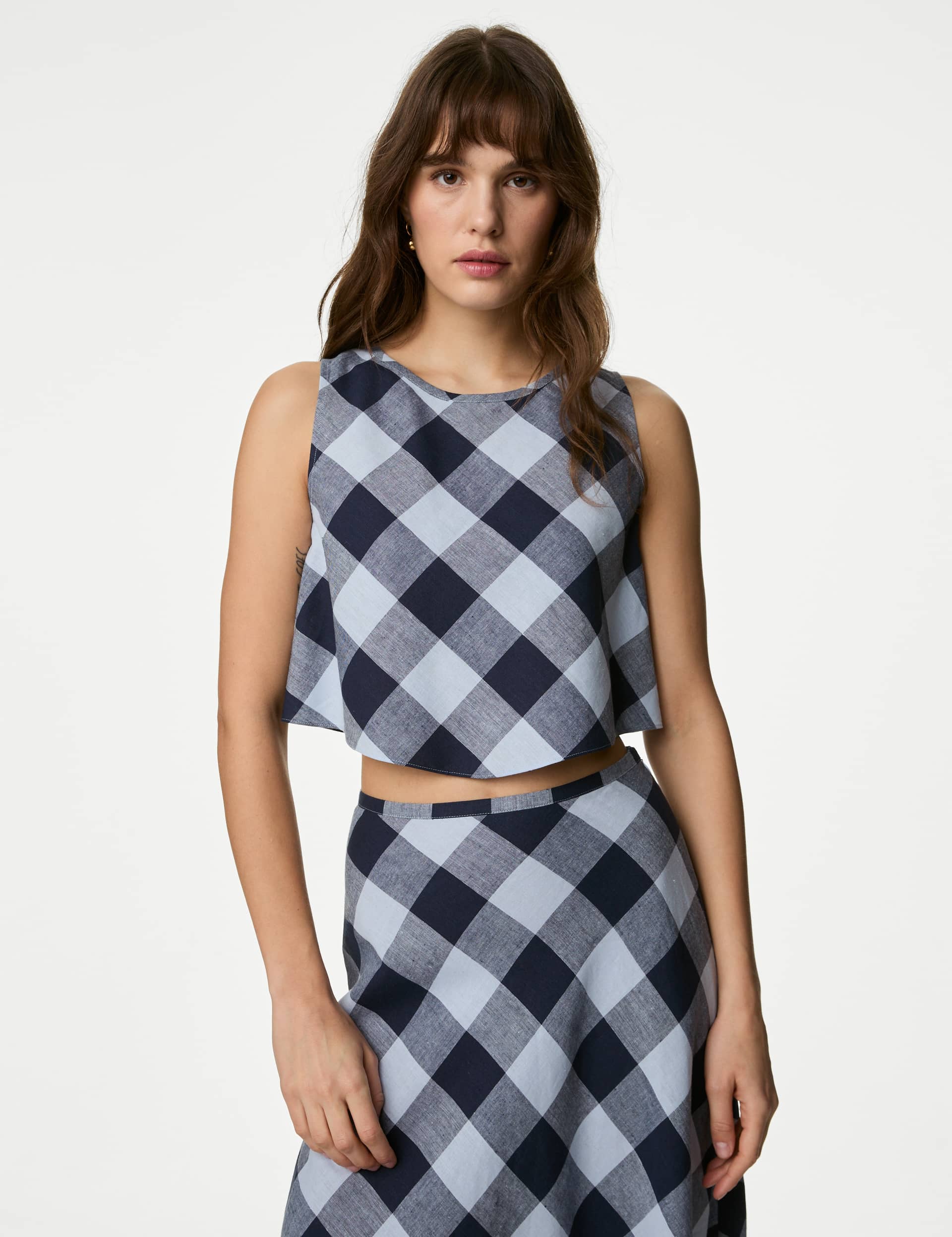 M&S Women's Linen Rich Checked Crop Top - 14REG - Blue Mix, Blue Mix