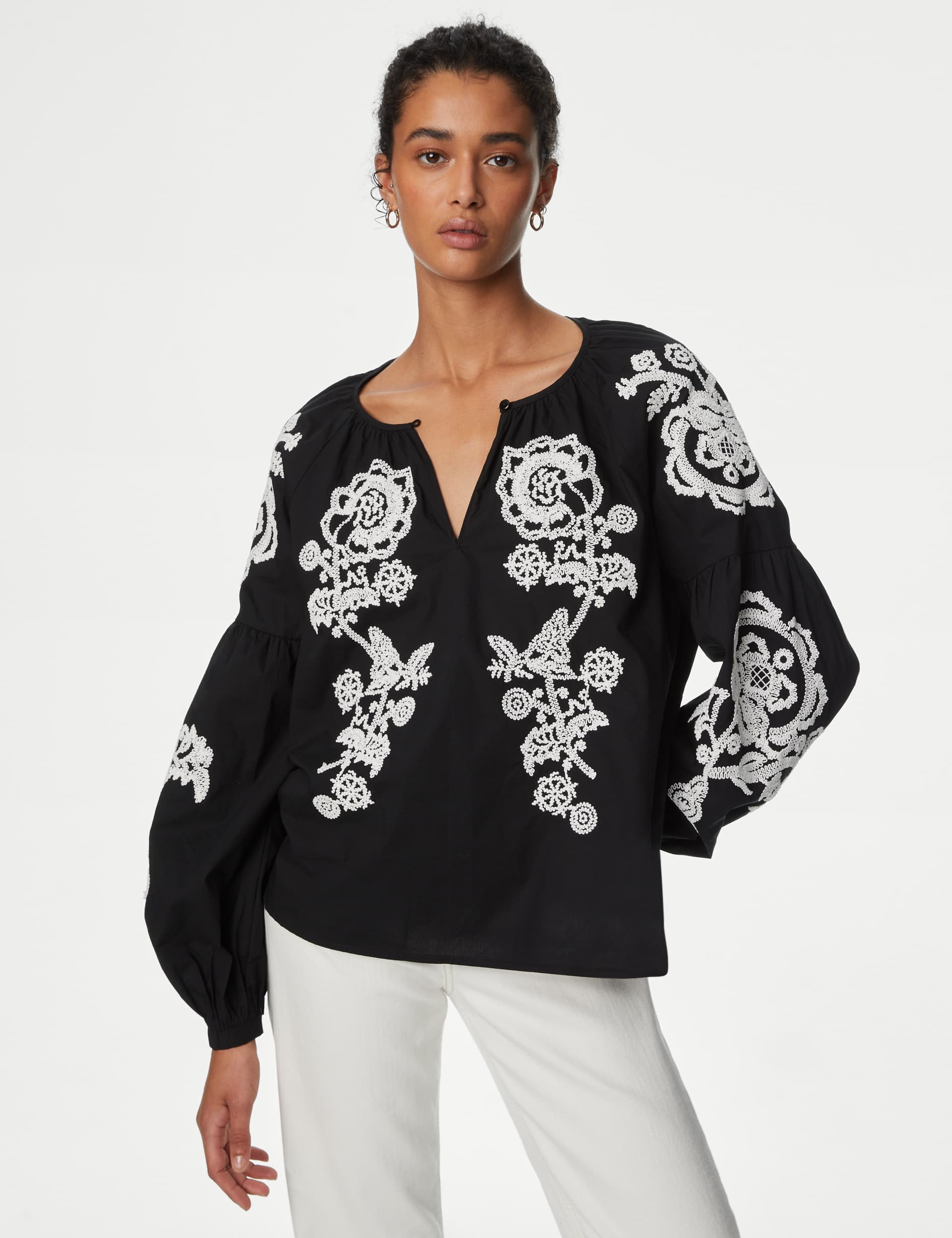 M&S Women's Pure Cotton Embroidered Puff Sleeve Blouse - 12REG - Black, Black