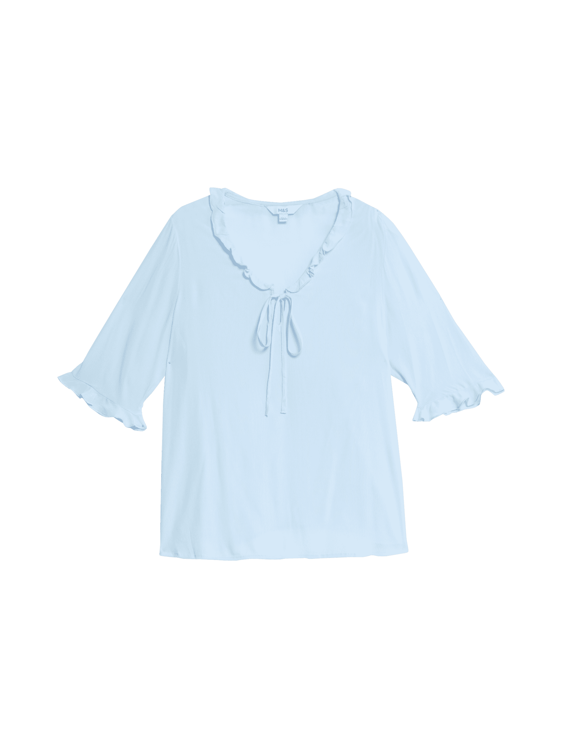 M&S Collection Women's V-Neck Frill Detail Blouse - 12REG - Ice Blue, Ice Blue,Ivory