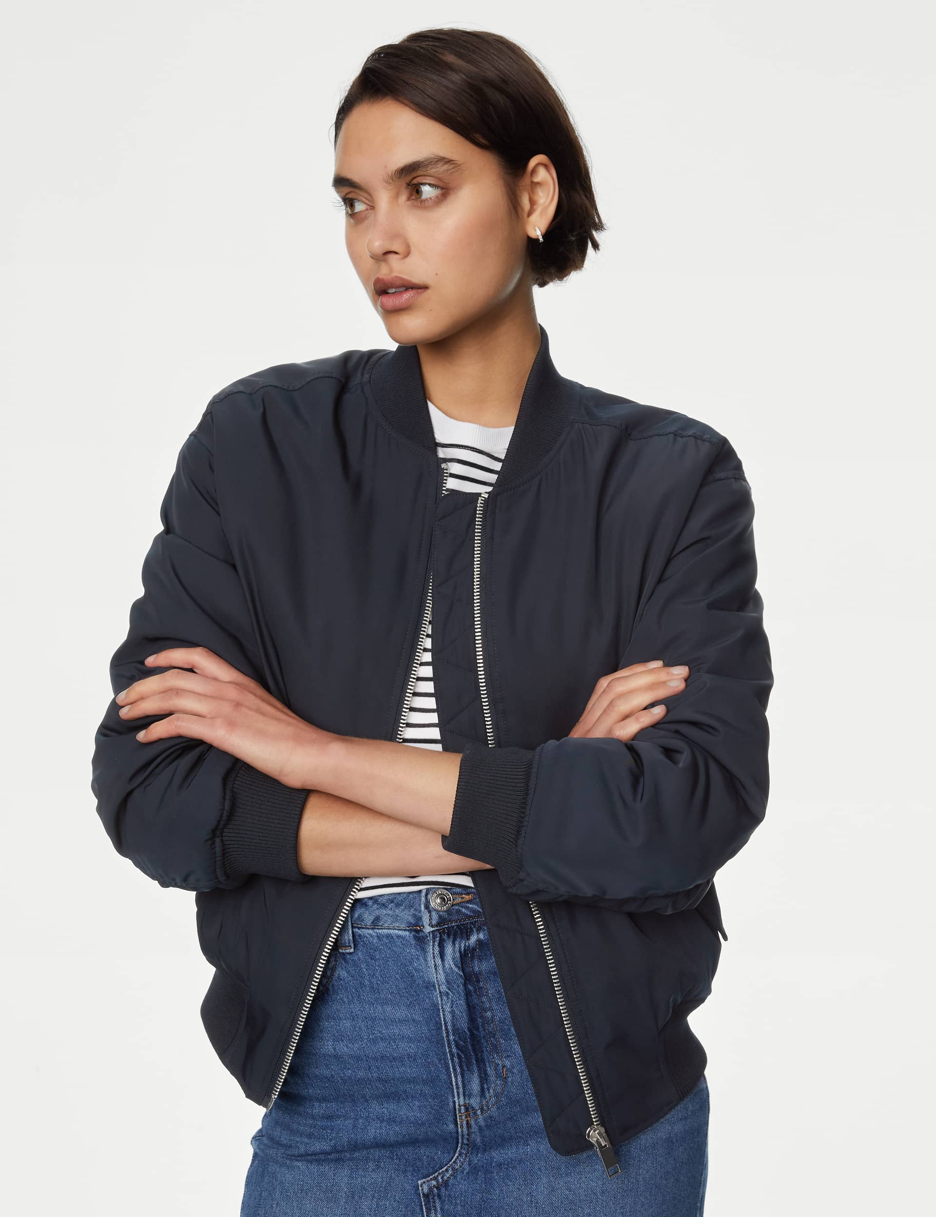 M&S Women's Padded Bomber Jacket - 16 - Midnight Navy, Midnight Navy,Buff,Bright Sage