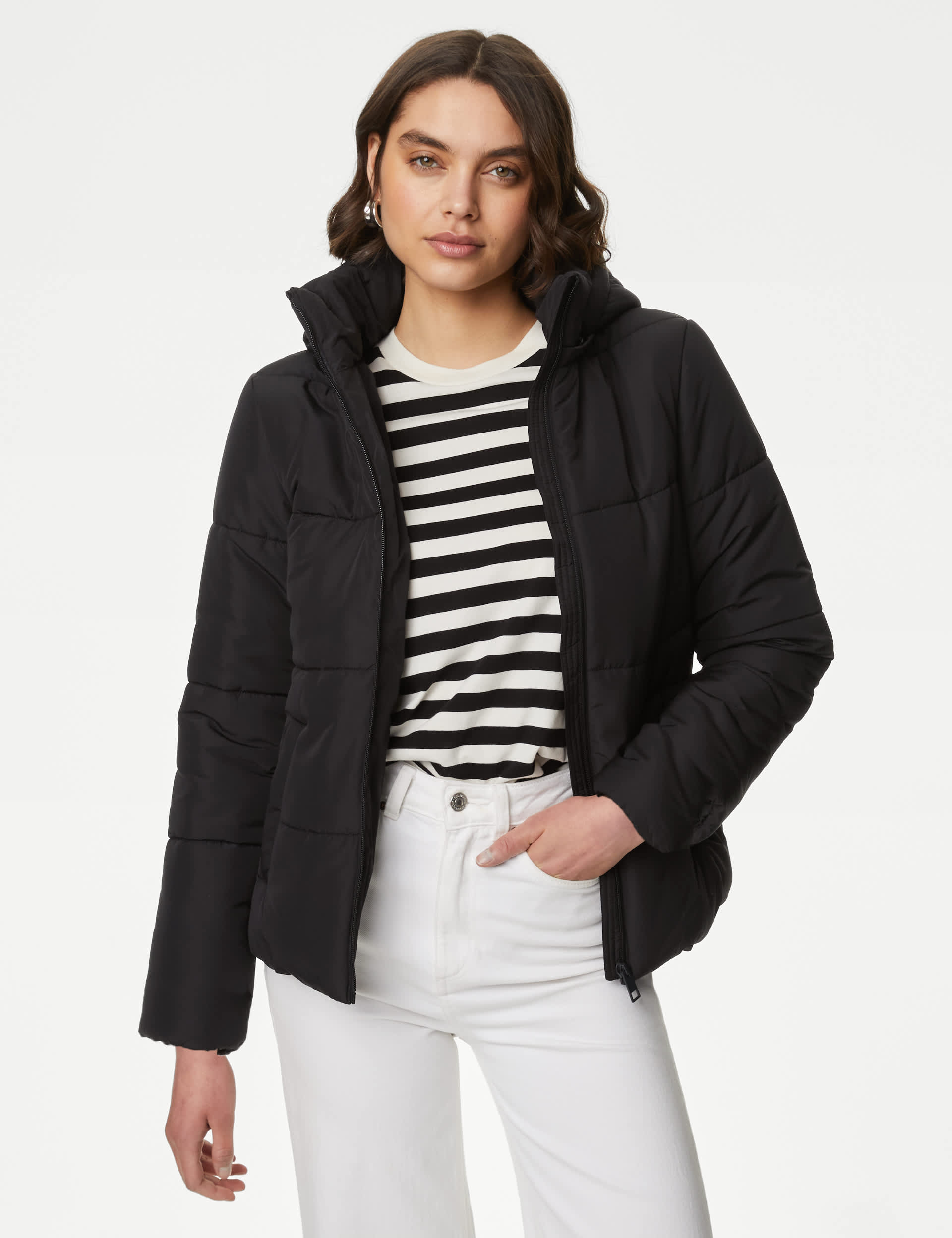 M&S Women's Recycled Thermowarmth Hooded Puffer Jacket - 14 - Black C, Black C,Light Beige,Dark Nav