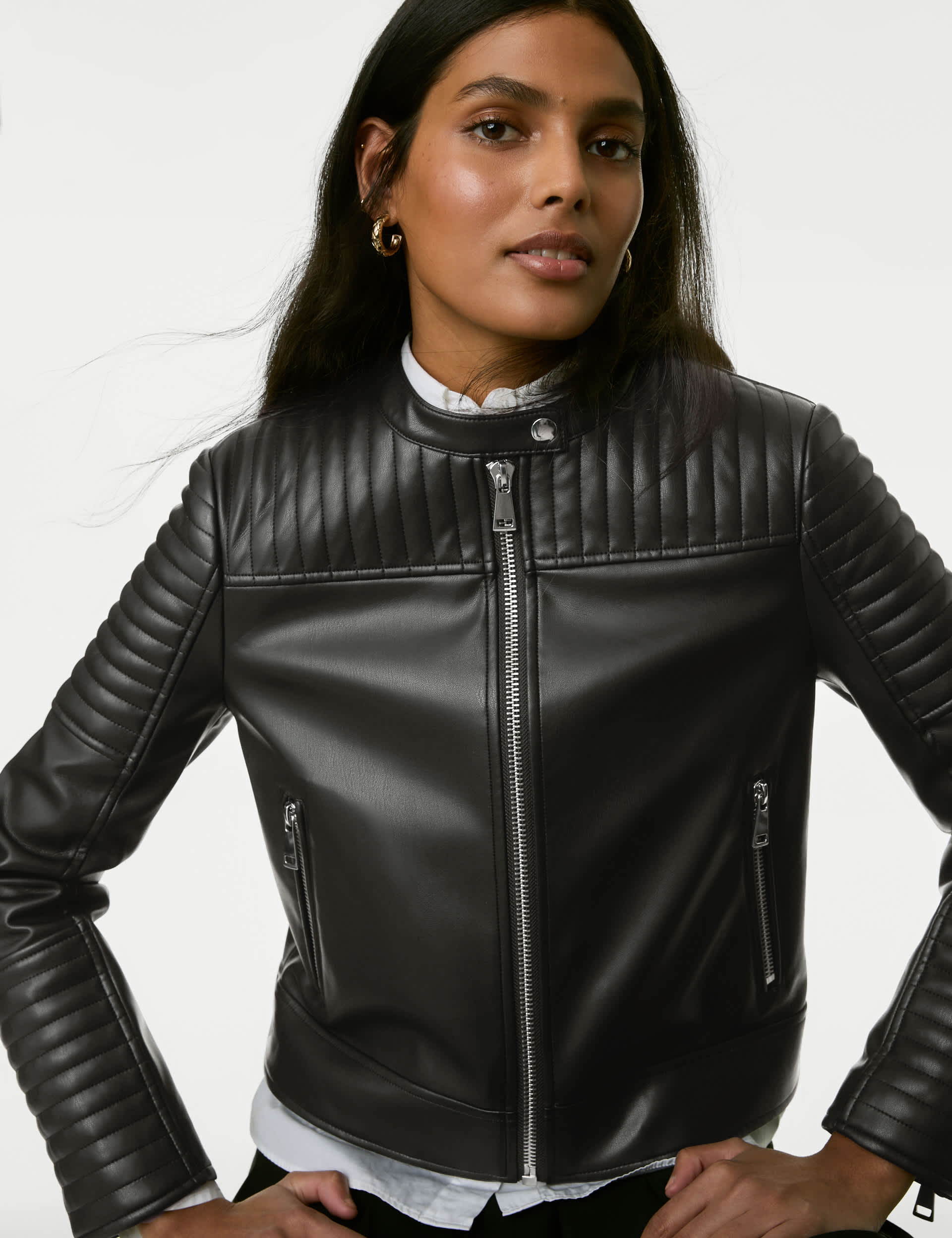 M&S Women's Faux Leather Quilted Moto Jacket - 12 - Black, Black