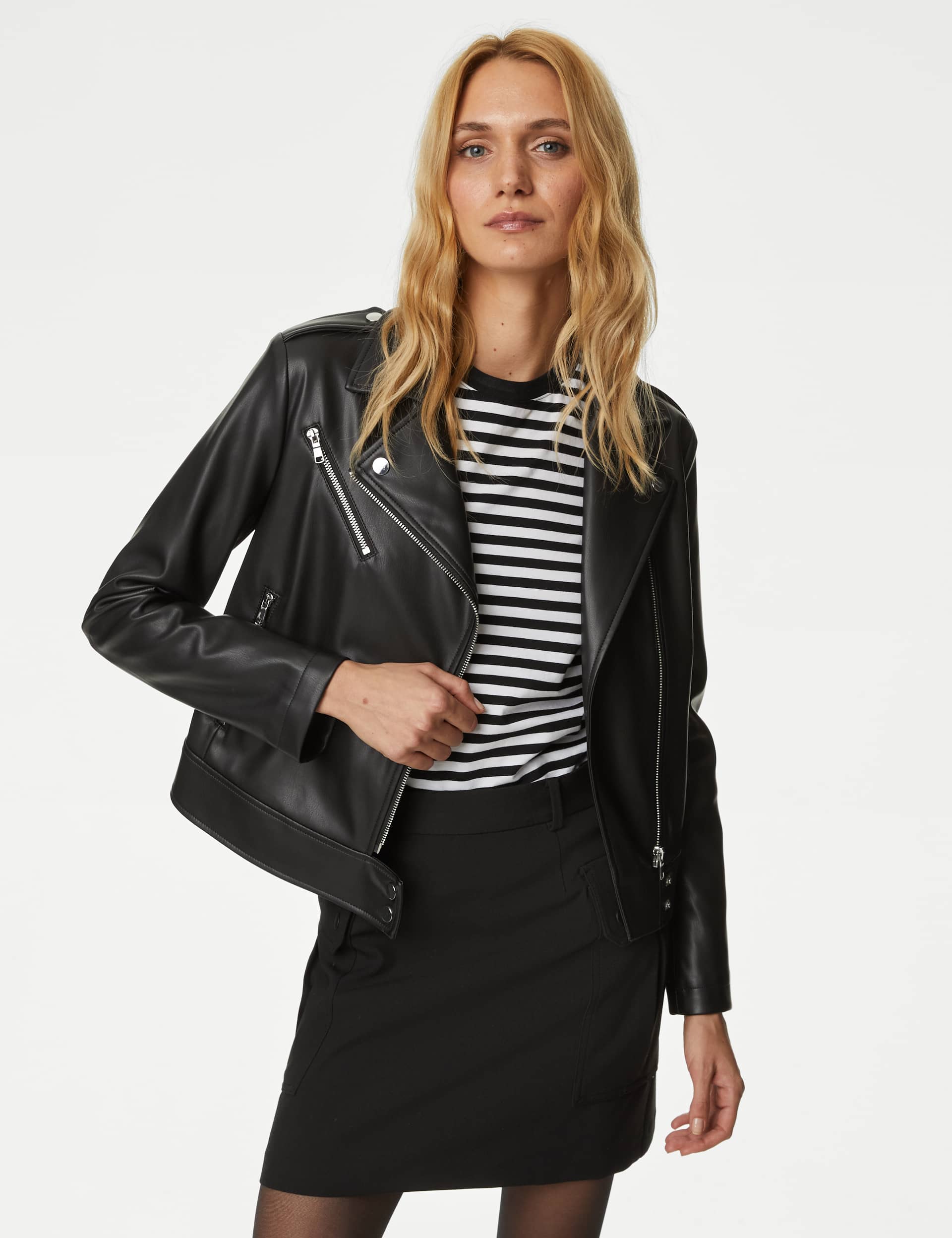 M&S Women's Faux Leather Biker Jacket - 18 - Black, Black,Soft Green