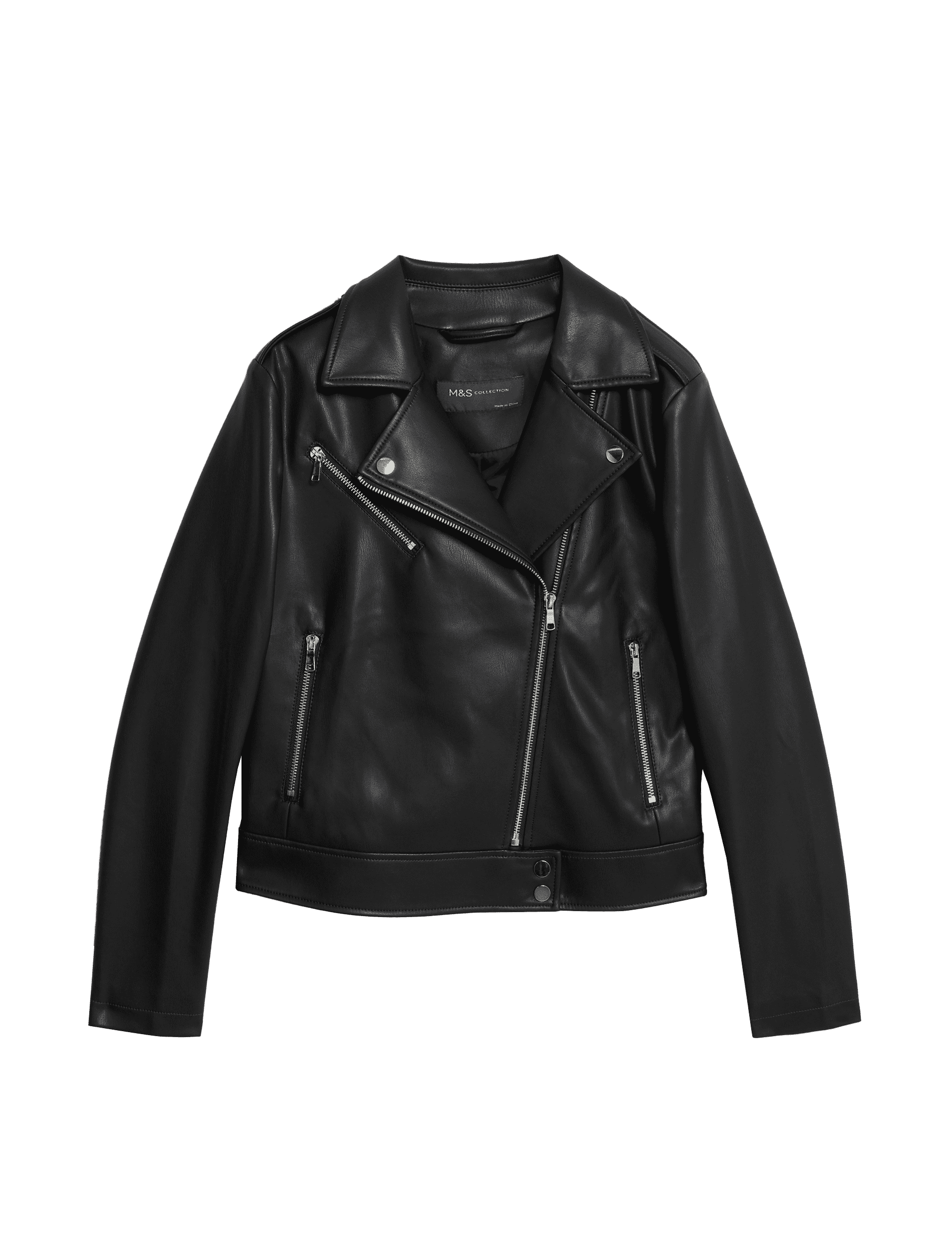 M&S Collection Women's Faux Leather Biker Jacket - 14 - Black, Black