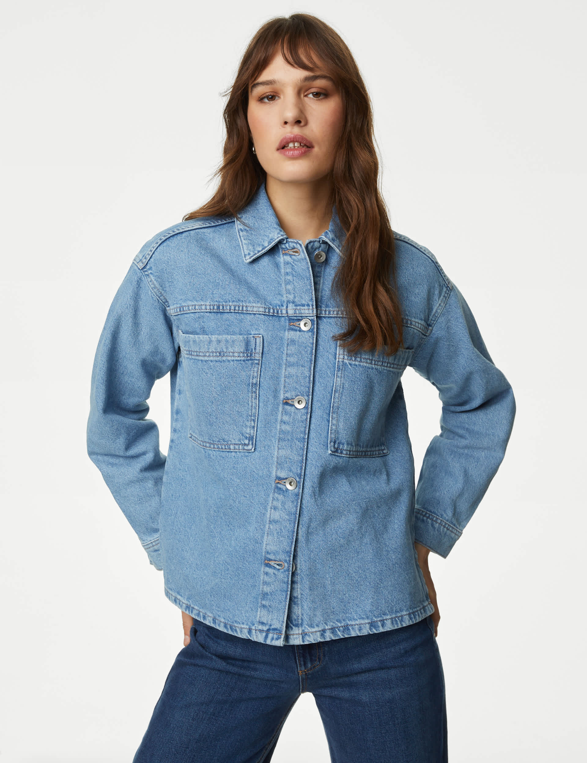 M&S Women's Pure Cotton Denim Relaxed Shacket - Medium Indigo, Medium Indigo