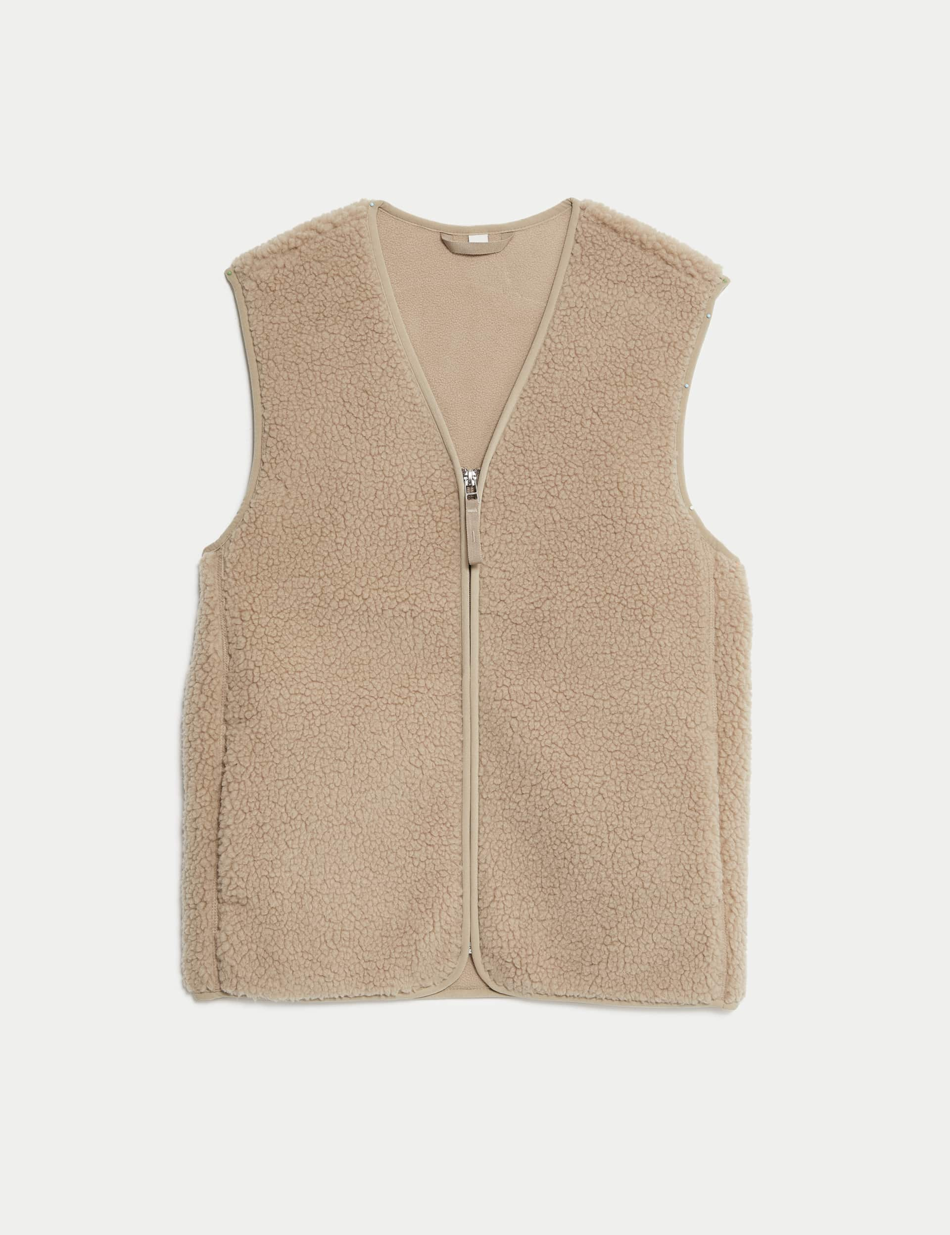 M&S Women's Borg Lightweight Collarless Gilet - 16 - Natural Beige, Black,Natural Beige