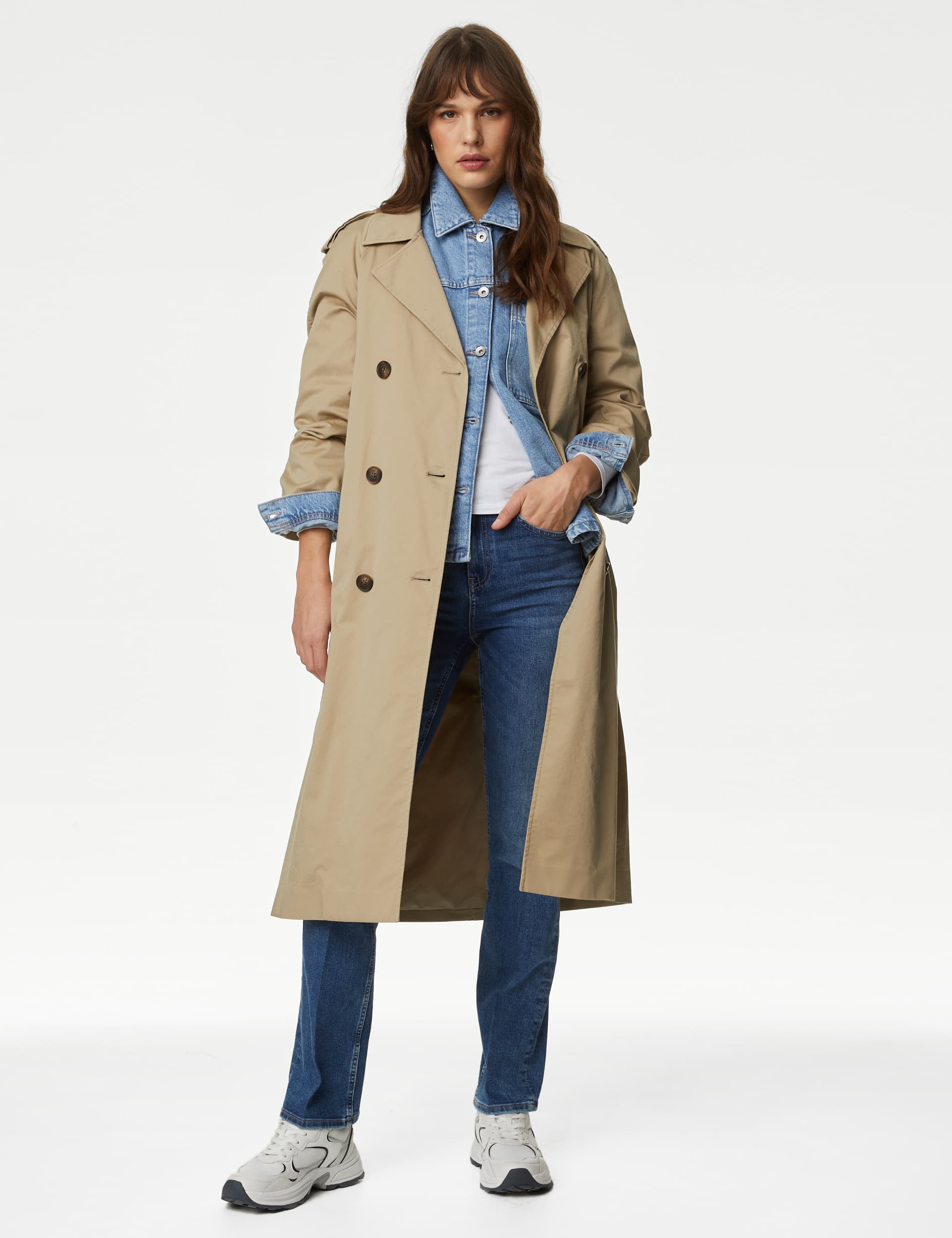 M&S Women's Cotton Rich Longline Trench Coat - 14 - Buff, Buff