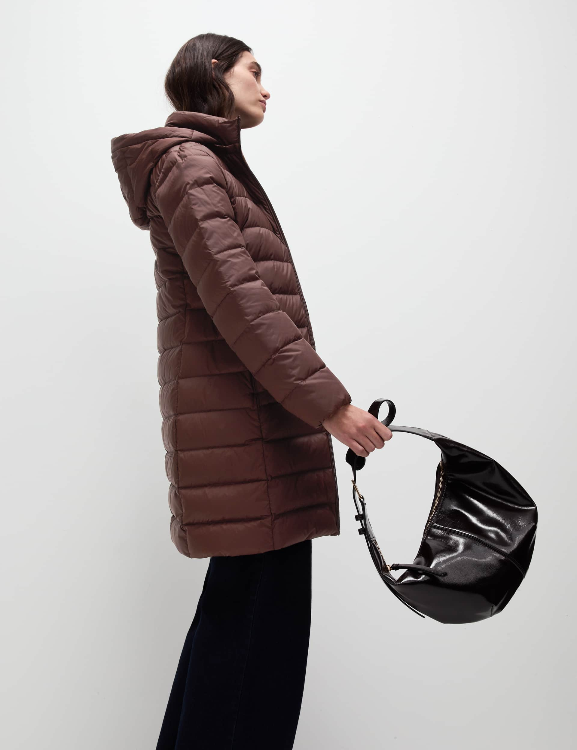 M&S Women's Feather & Down Padded Puffer Coat - 14 - Dark Chocolate, Black,Dark Chocolate