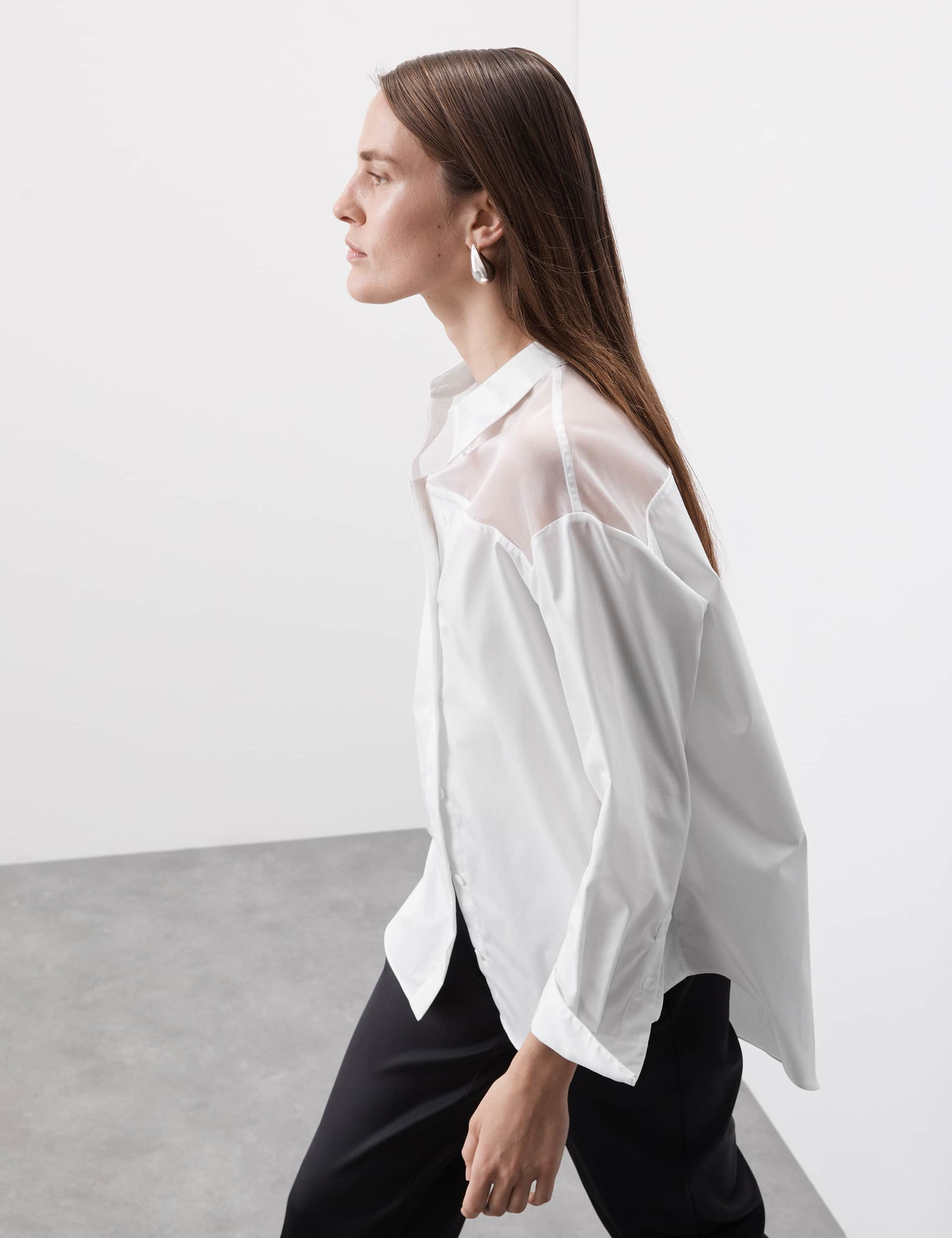 Autograph Women's Pure Cotton Collared Organza Detail Shirt - 20 - Soft White, Soft White