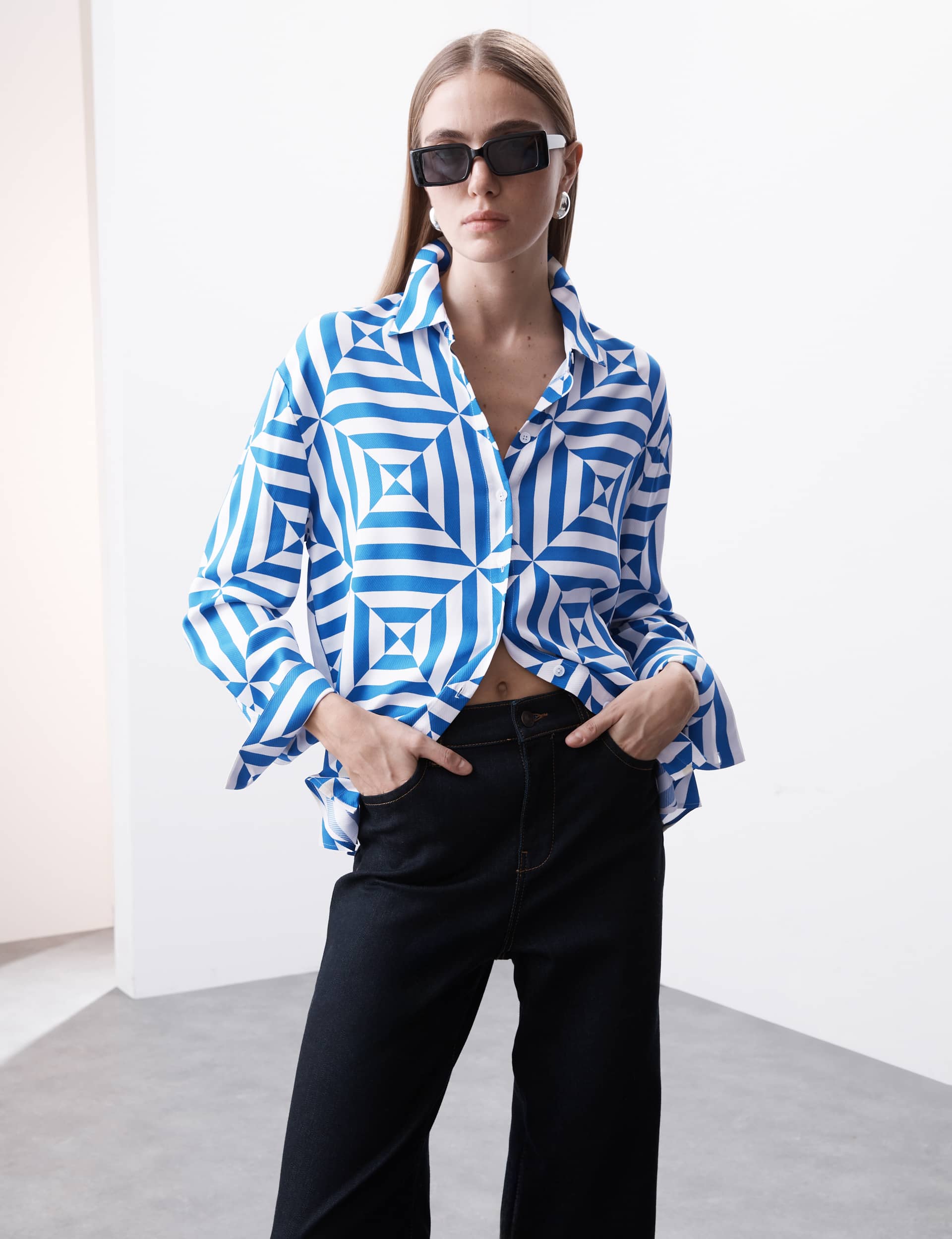 Autograph Women's Geometric Collared Shirt - 12 - Blue Mix, Blue Mix