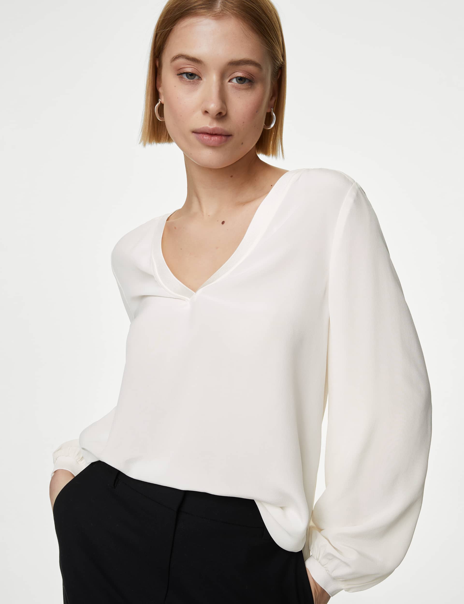 Autograph Women's Pure Silk V-Neck Popover Blouse - 24 - Ivory, Ivory,Black