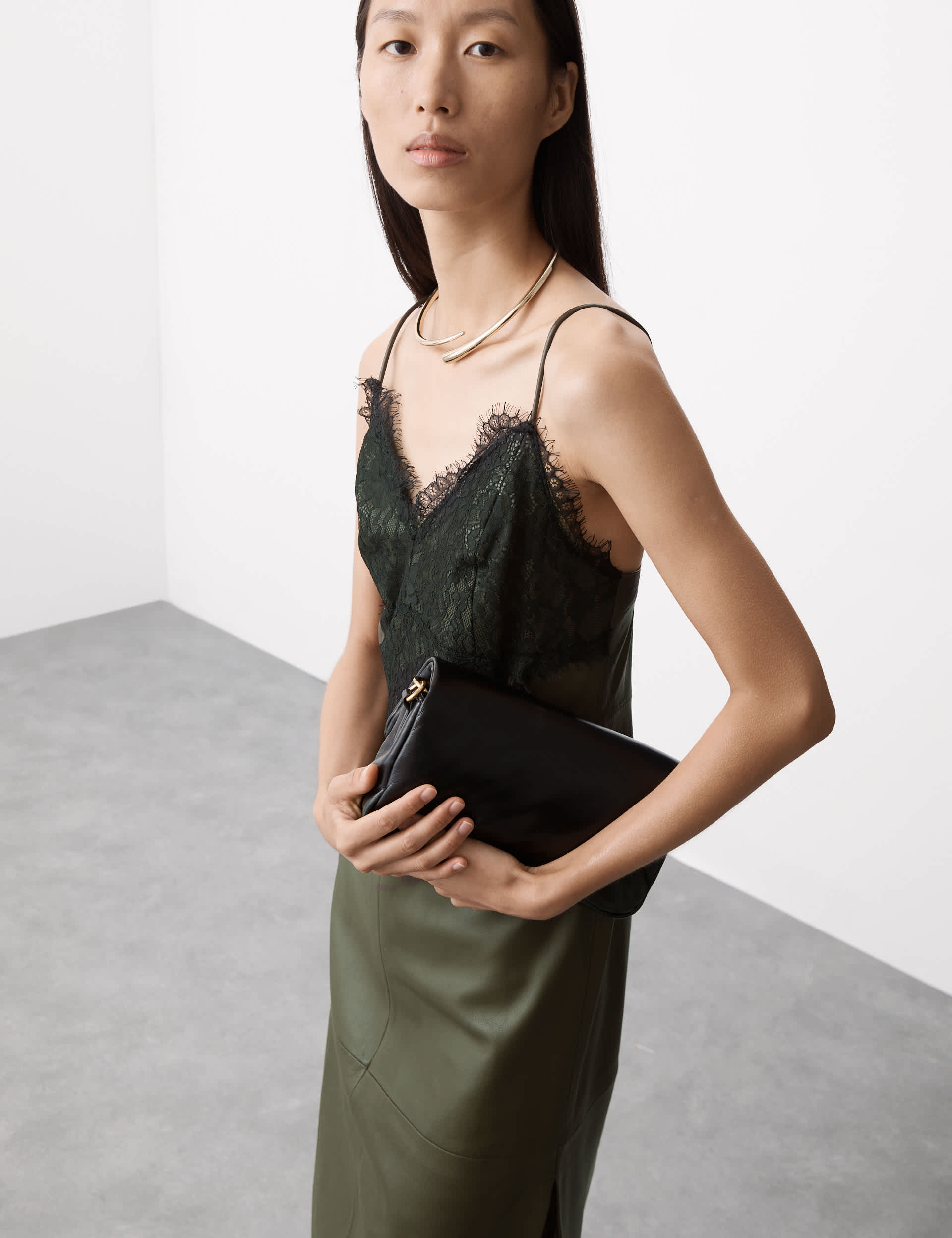 Autograph Women's Leather V-Neck Lace Detail Midi Slip Dress