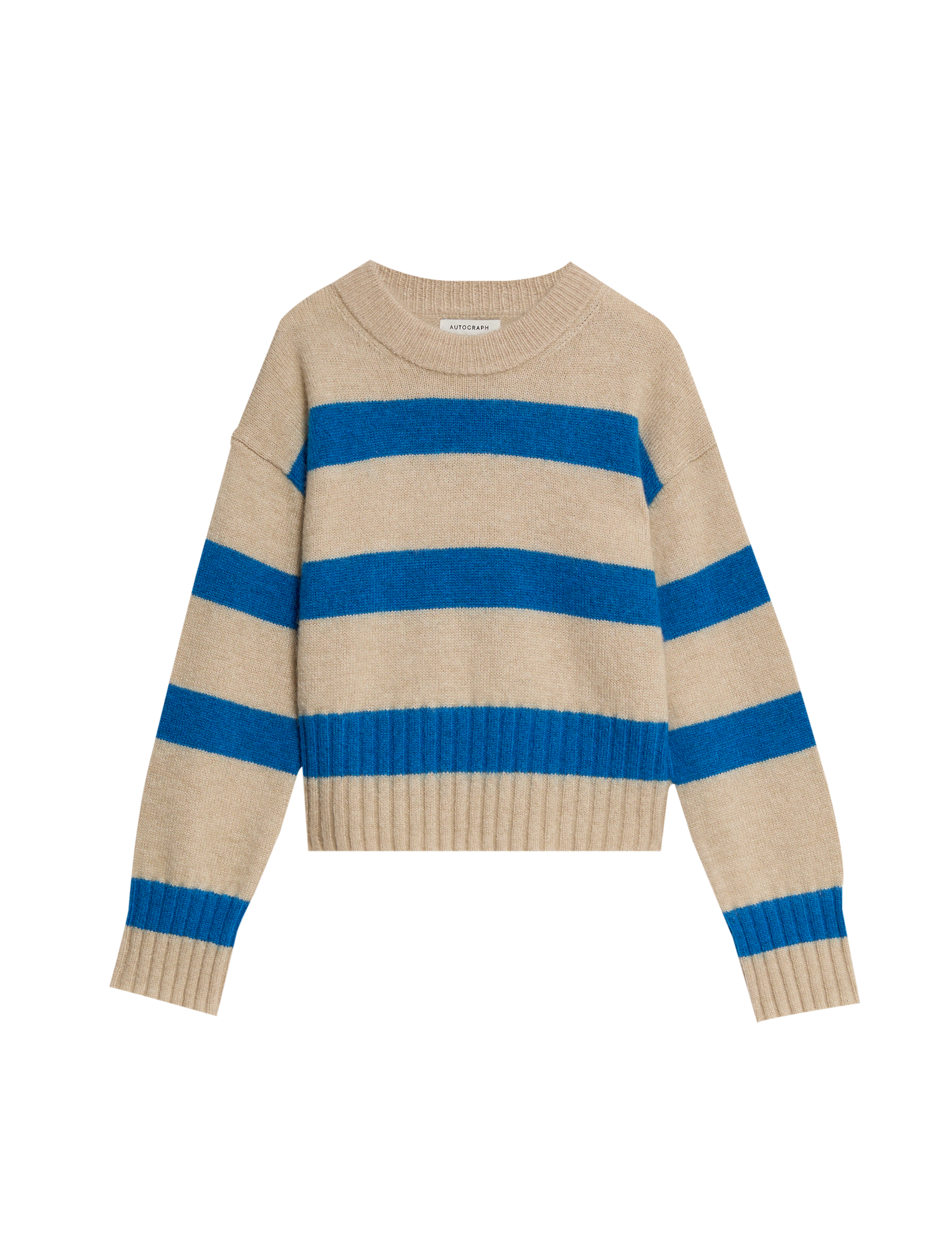 Autograph Women's Striped Ribbed Cropped Jumper with Mohair - 14 - Blue Mix, Blue Mix