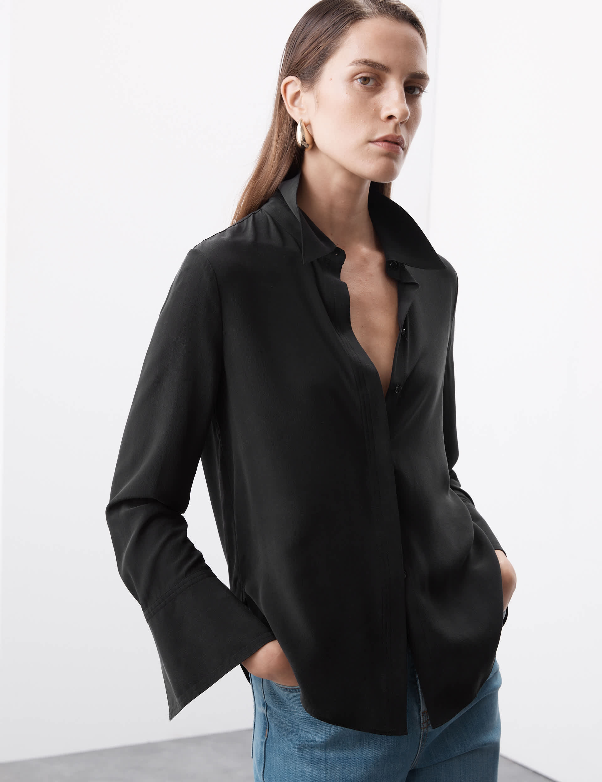 Autograph Women's Pure Silk Long Sleeve Shirt - 14 - Black, Black,Ivory