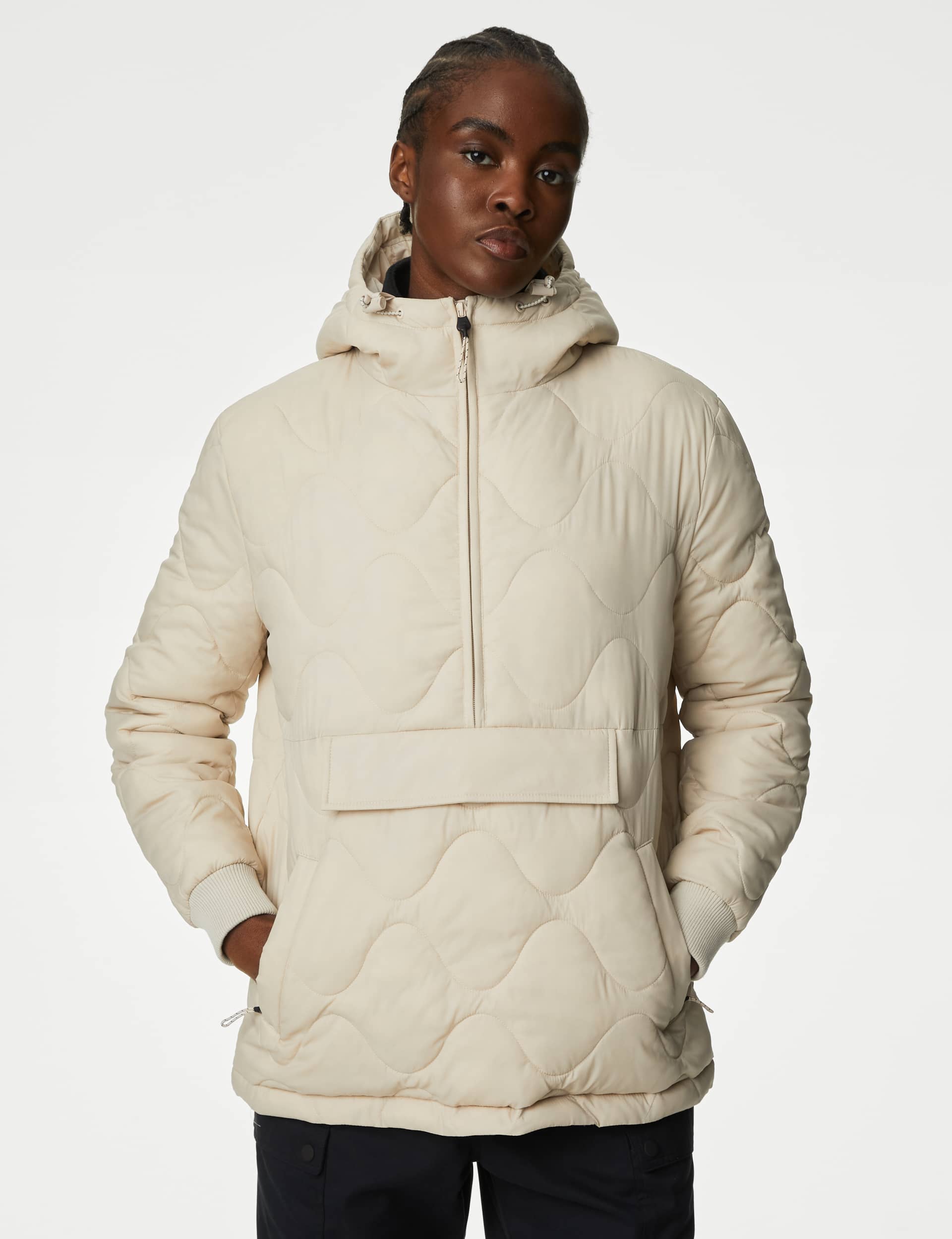 Goodmove Women's Quilted Half Zip Hooded Puffer Jacket - 12 - Beige, Beige