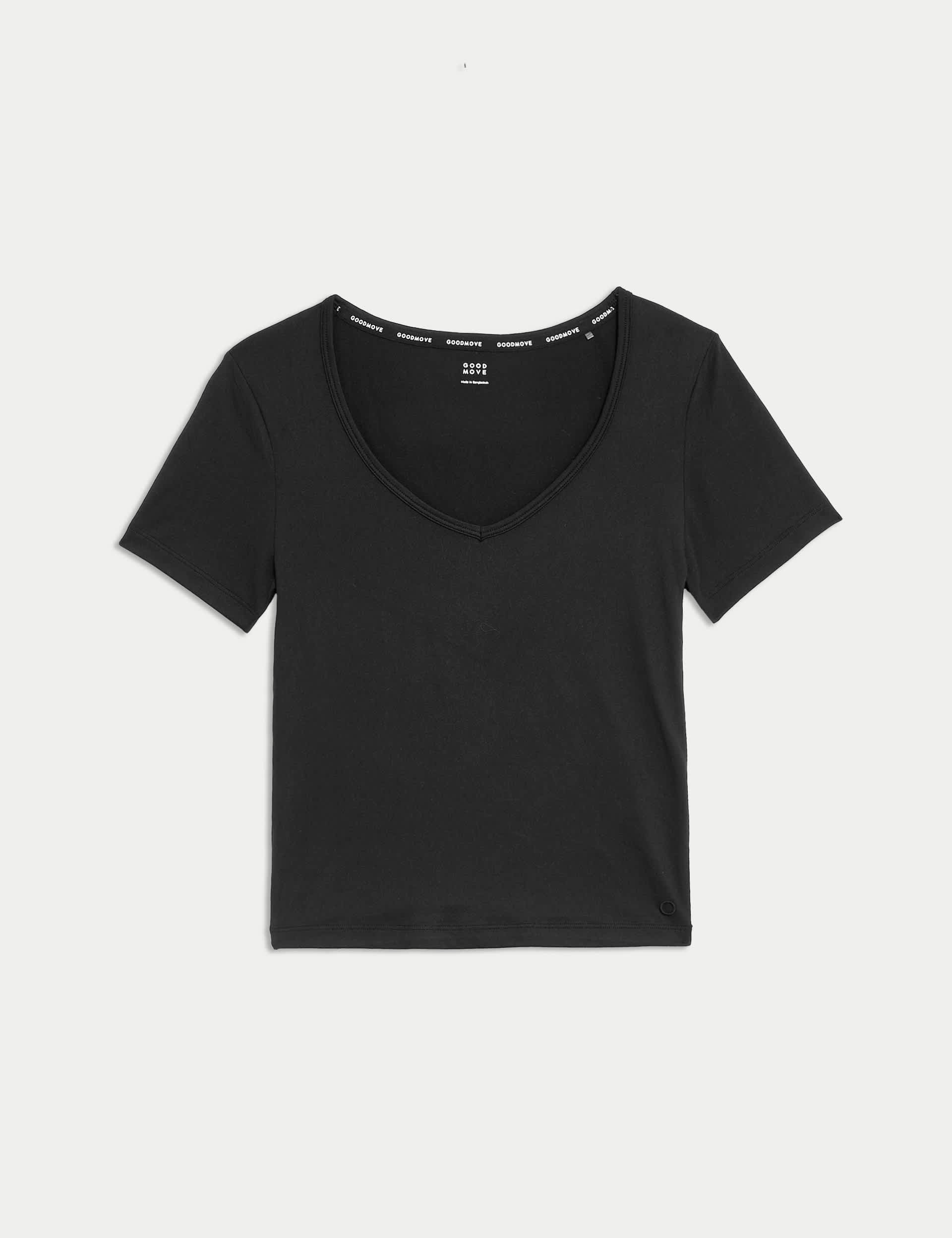 Goodmove Women's Sweetheart Neck Fitted Yoga Crop T-Shirt - 14 - Black, Black,Ivory