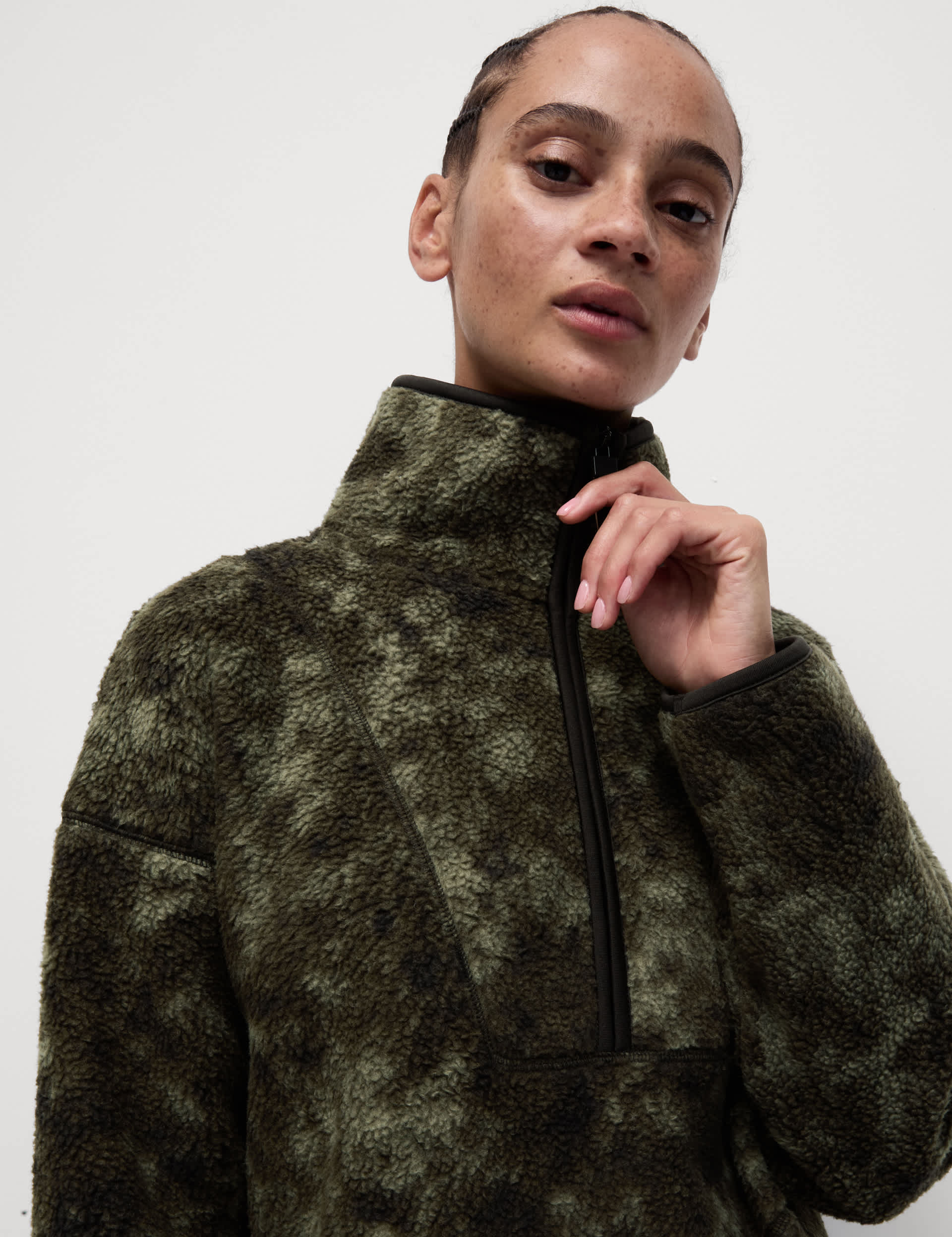 Goodmove Women's Borg Half Zip Printed Longline Fleece Jacket