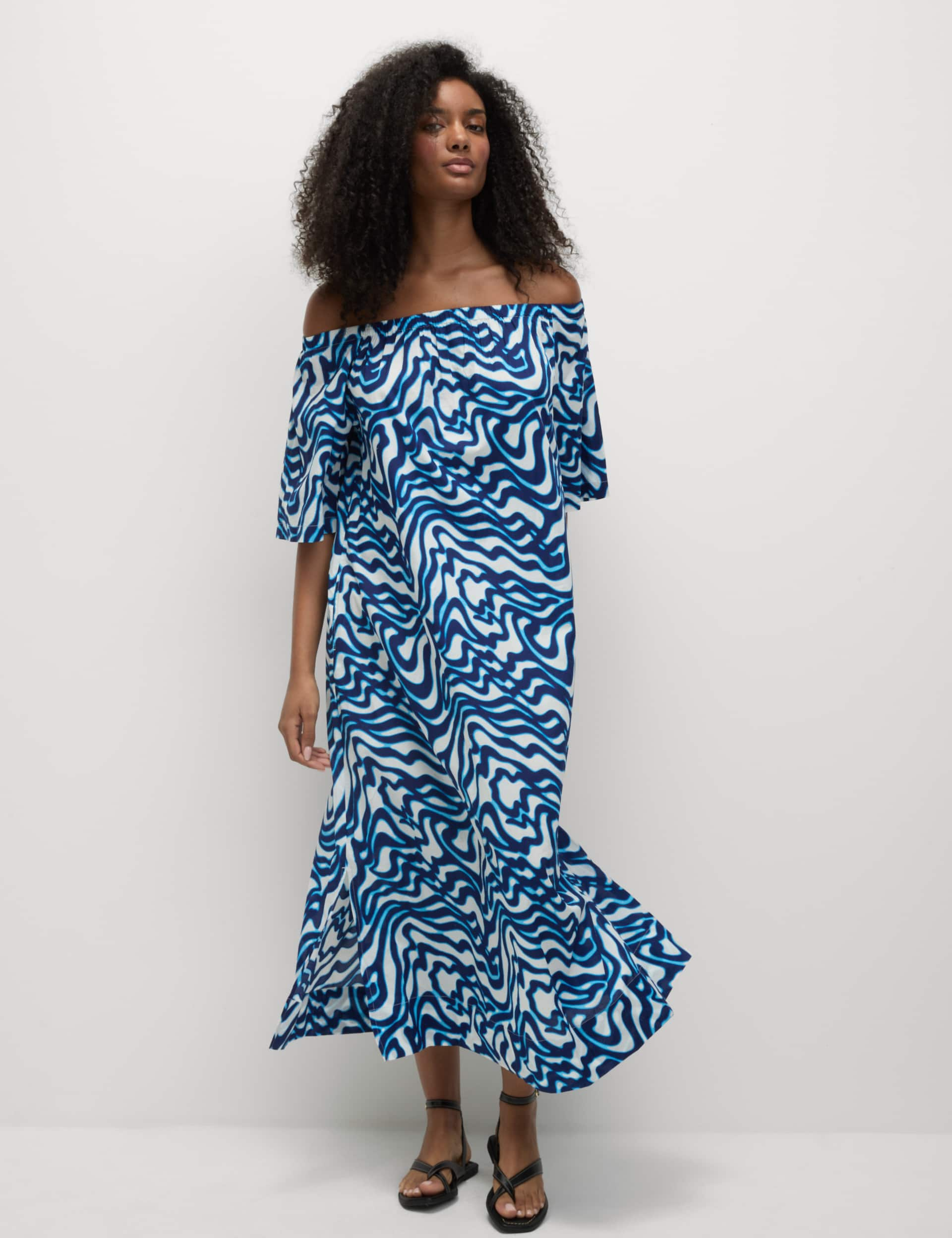 M&S Collection Women's Pure Cotton Printed Bardot Beach Dress - 12REG - Dark Blue Mix, Dark Blue Mix