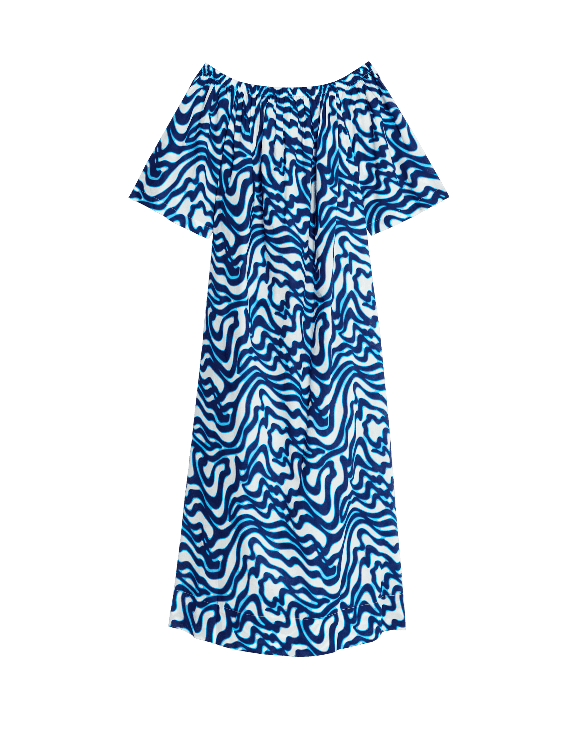 M&S Collection Women's Pure Cotton Printed Bardot Beach Dress - 12REG - Dark Blue Mix, Dark Blue Mix