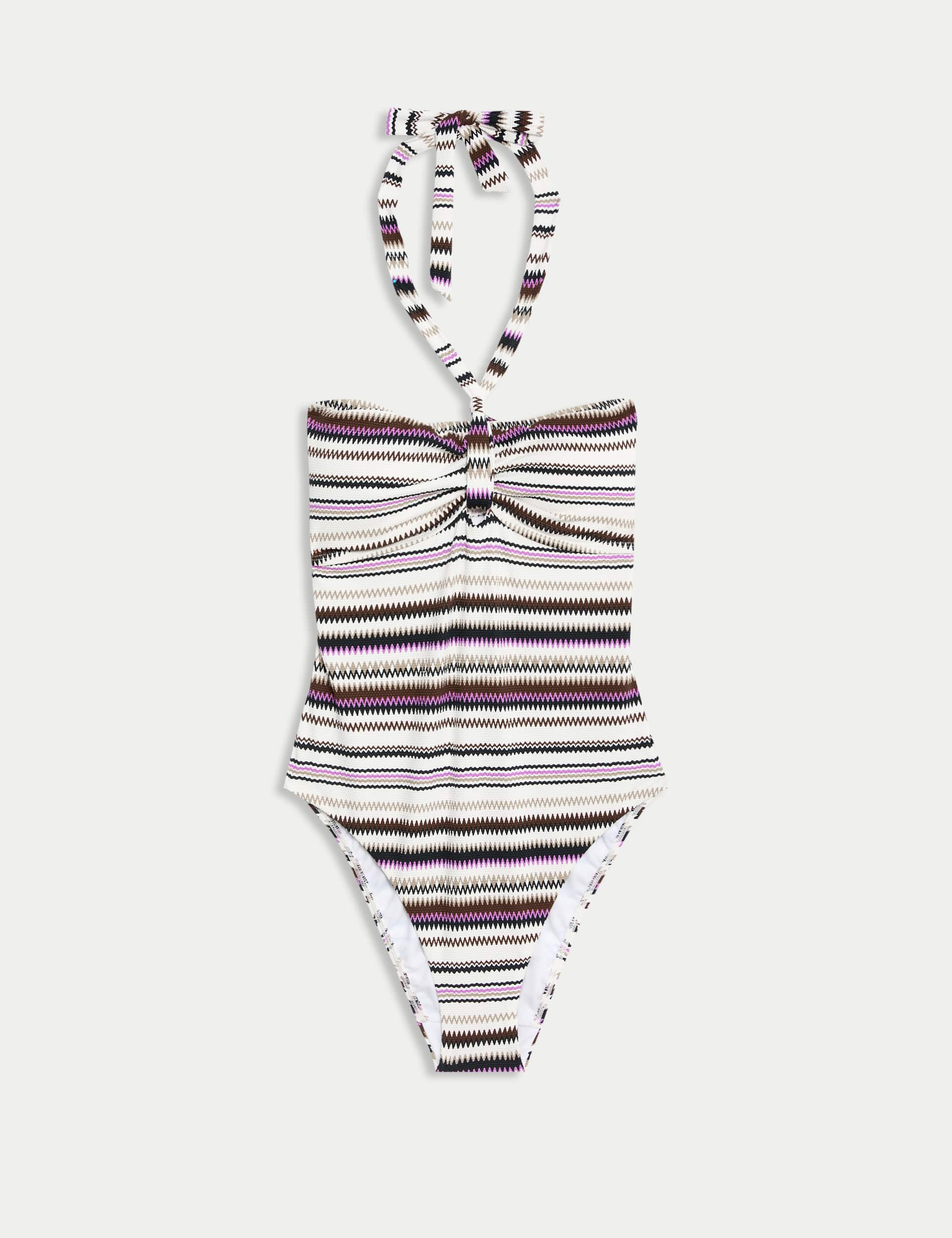 M&S Women's Tummy Control Textured Striped Halterneck Swimsuit - 12 - White Mix, White Mix