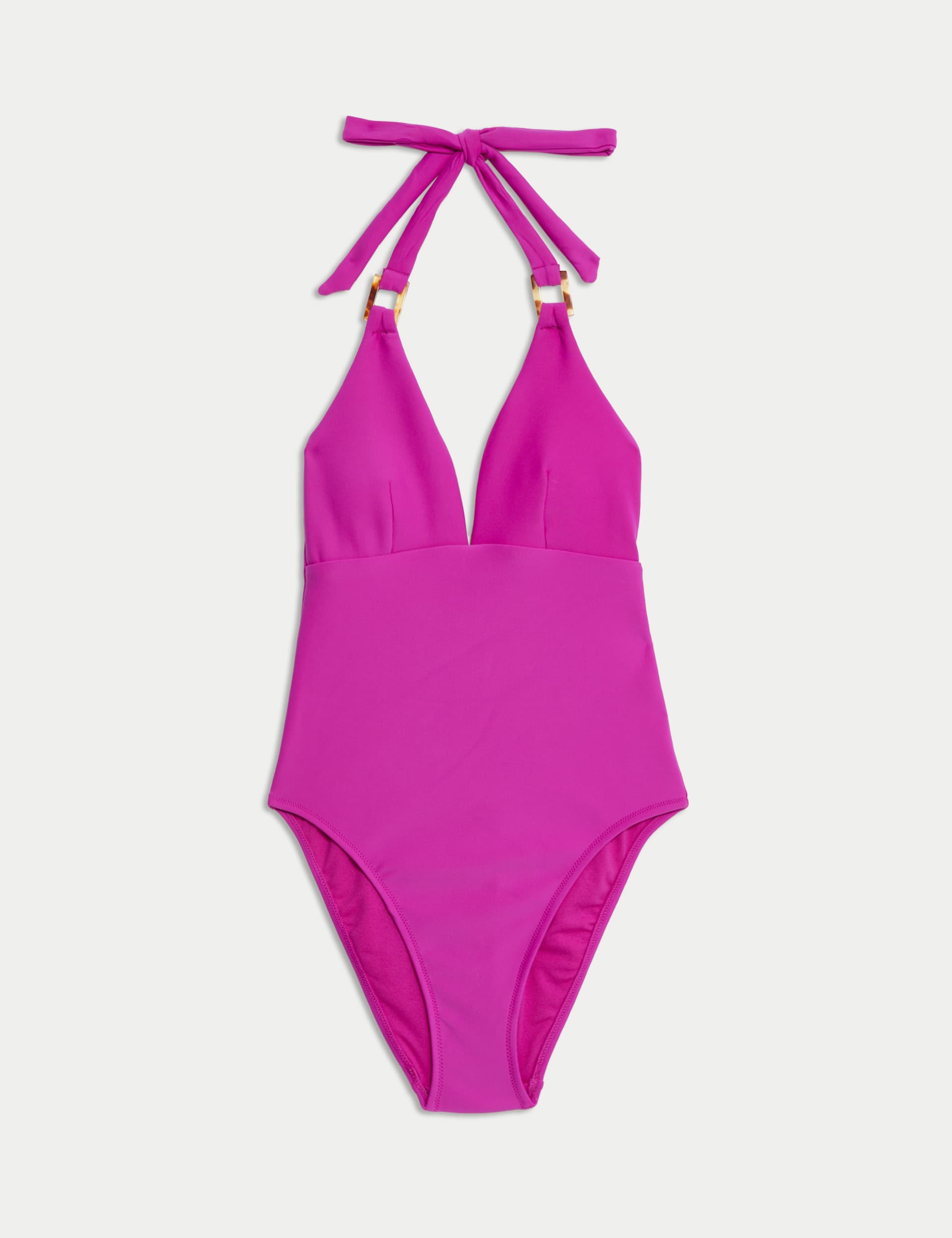 M&S Women's Trim Detail Padded Plunge Halterneck Swimsuit - 14 - Fuchsia, Fuchsia,Green