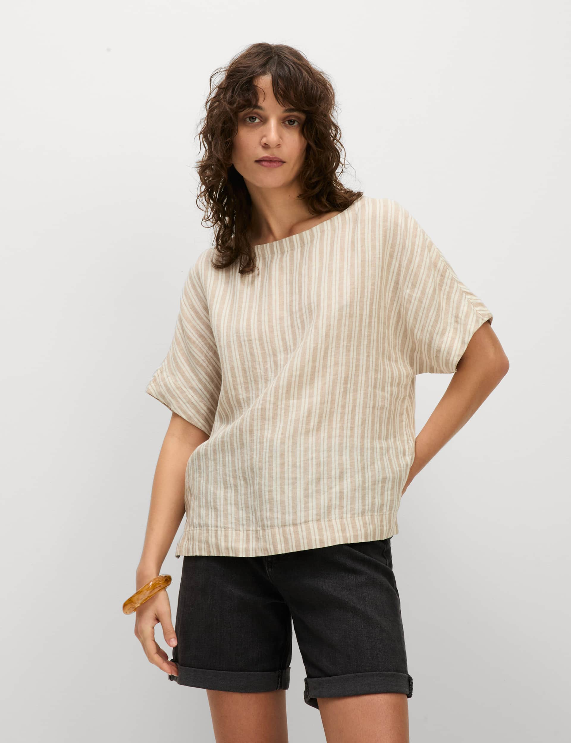 M&S Collection Women's Pure Linen Striped Relaxed T-Shirt - 16 - Natural Beige, Natural Beige