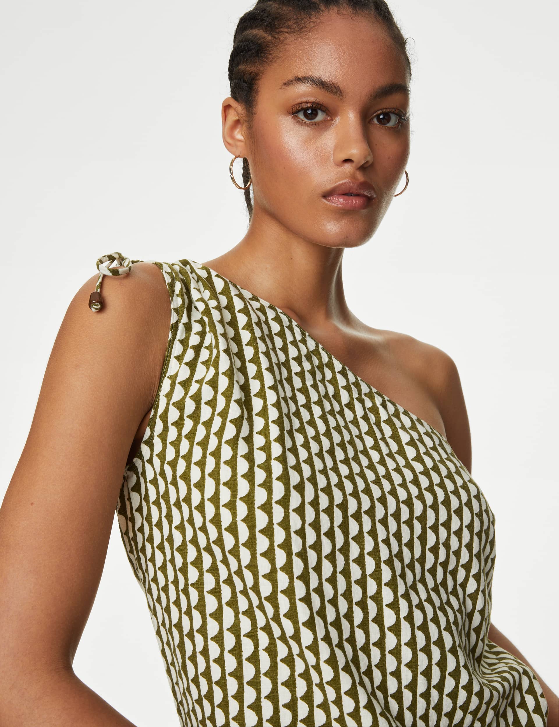 M&S Women's Linen Rich Printed One Shoulder Top