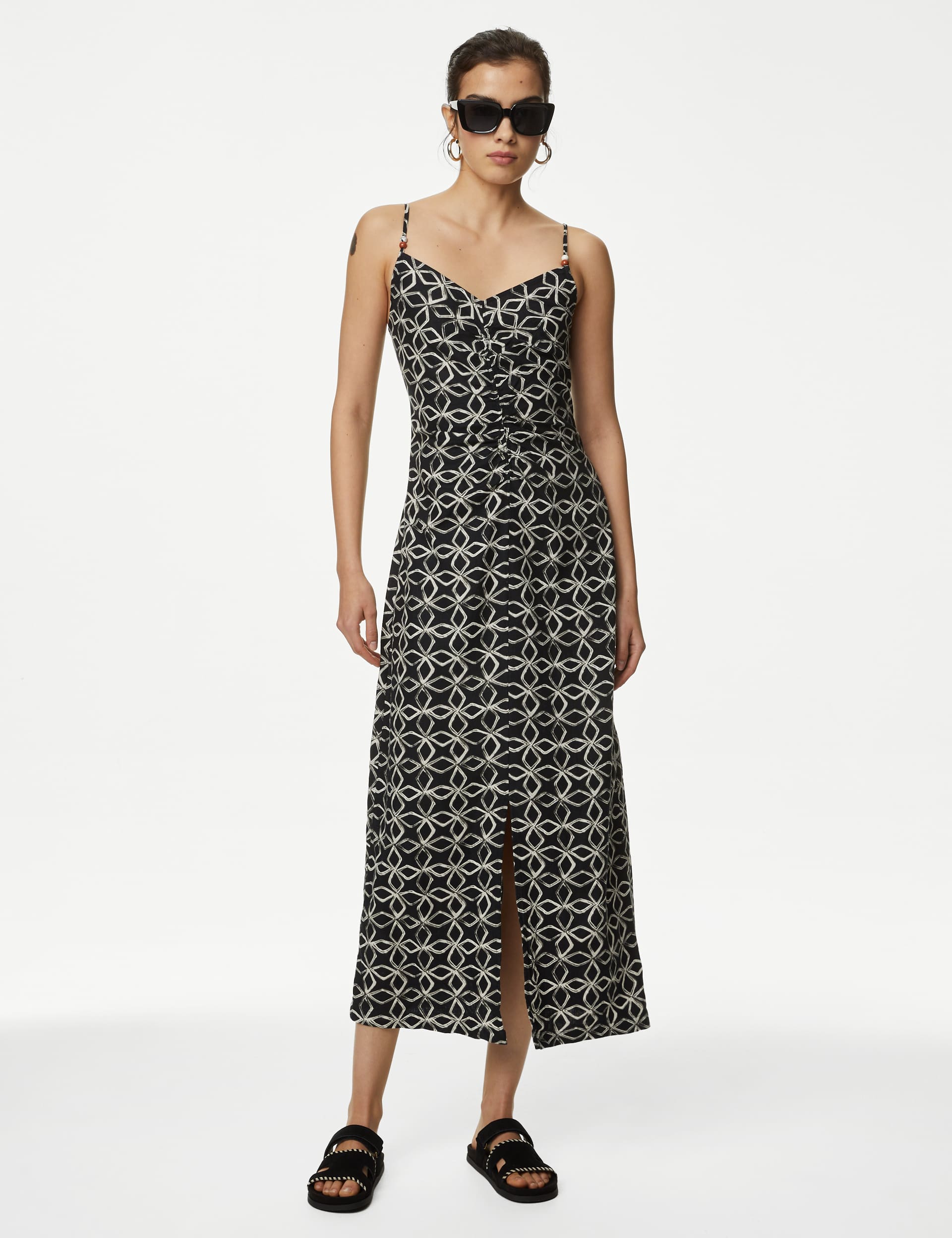 M&S Women's Linen Rich Ruched Strappy Midi Dress
