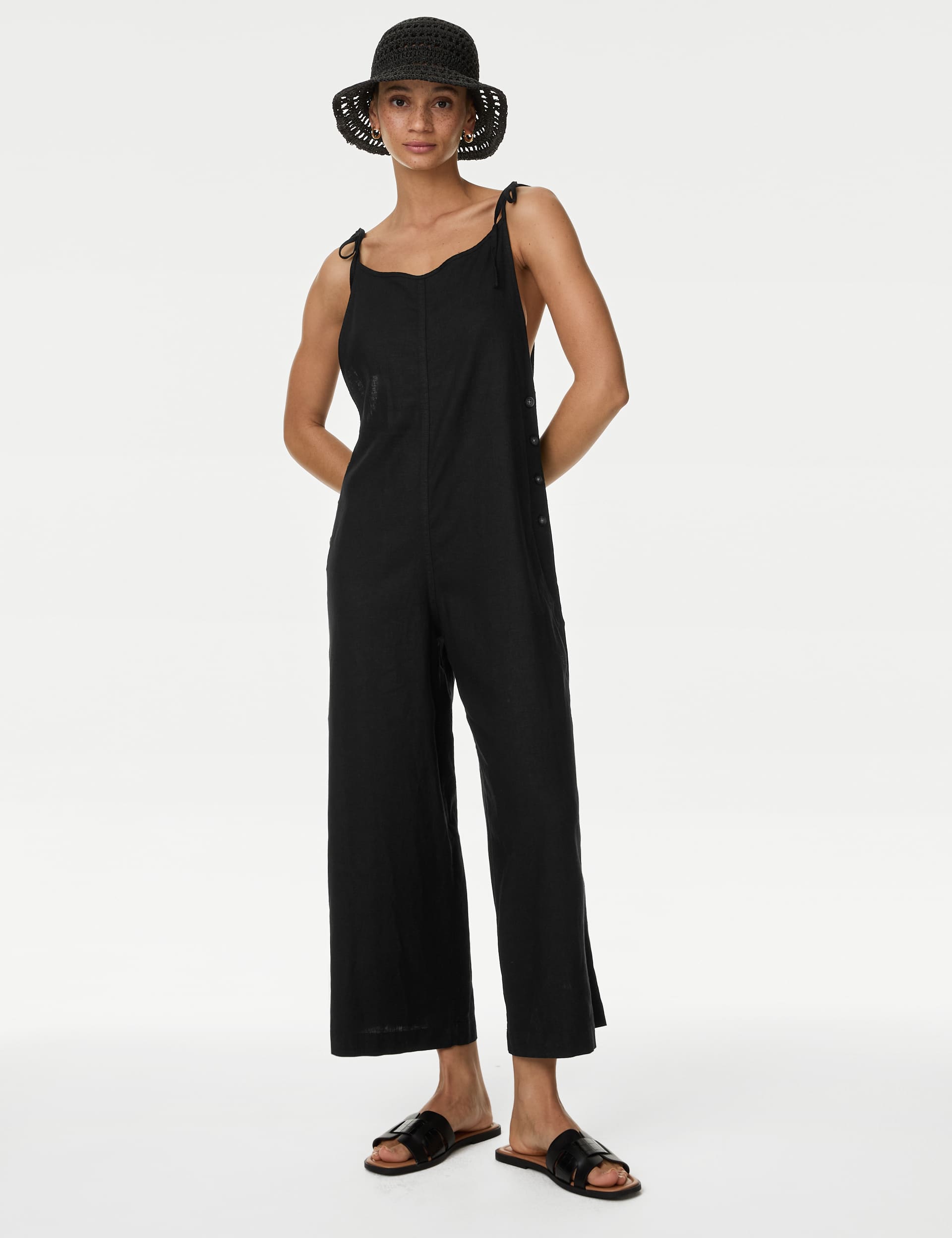 M&S Women's Linen Rich Wide Leg Cropped Jumpsuit - 16REG - Black, Black