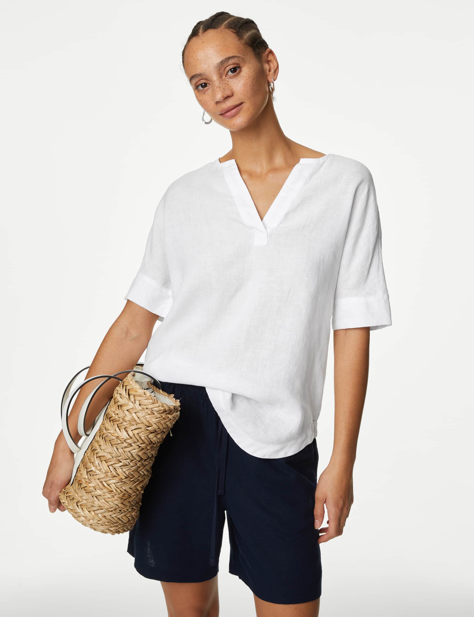 M&S Women's Pure Linen V-Neck Popover Blouse