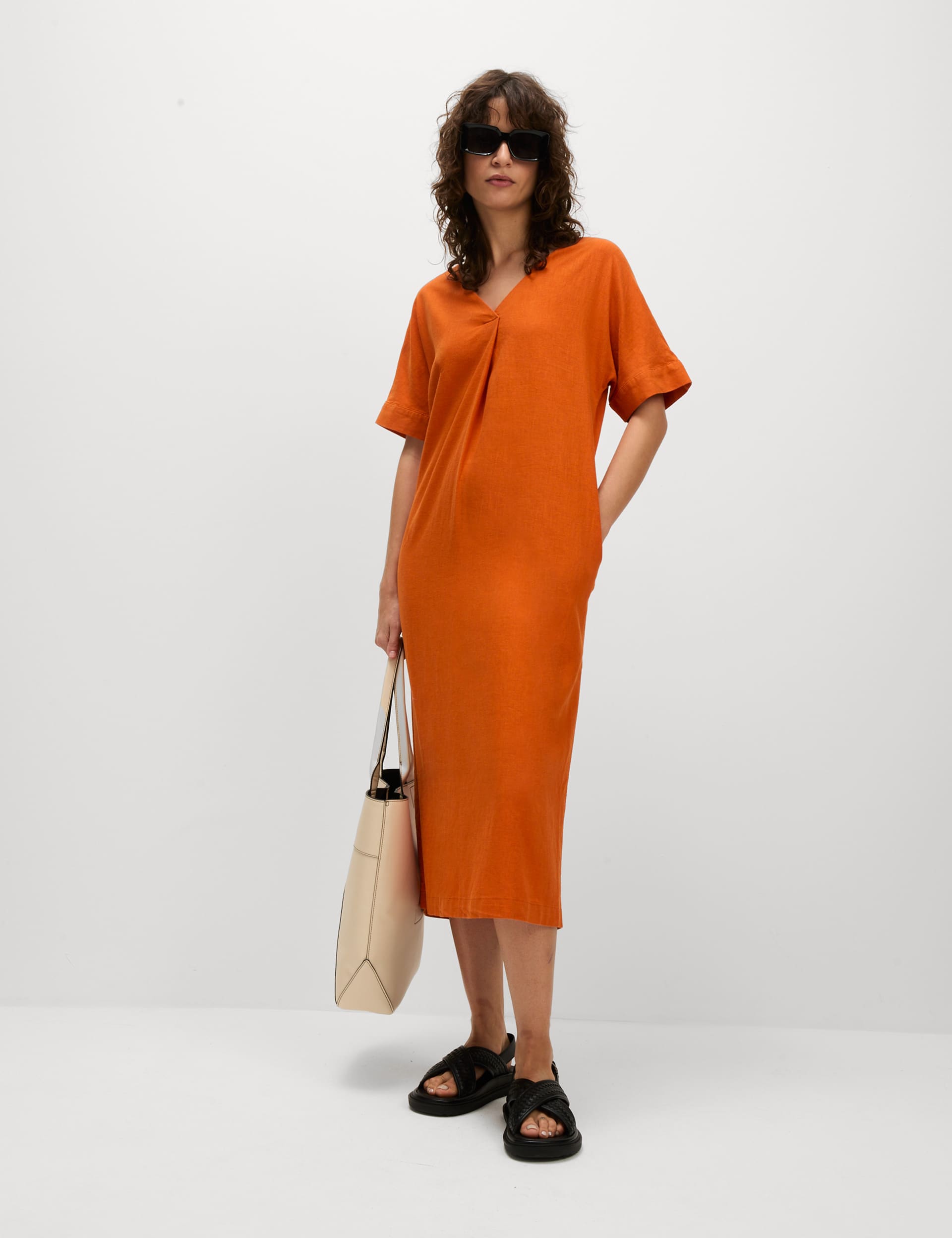 M&S Collection Women's Linen Rich V-Neck Midi T-Shirt Dress - 14REG - Marmalade, Marmalade